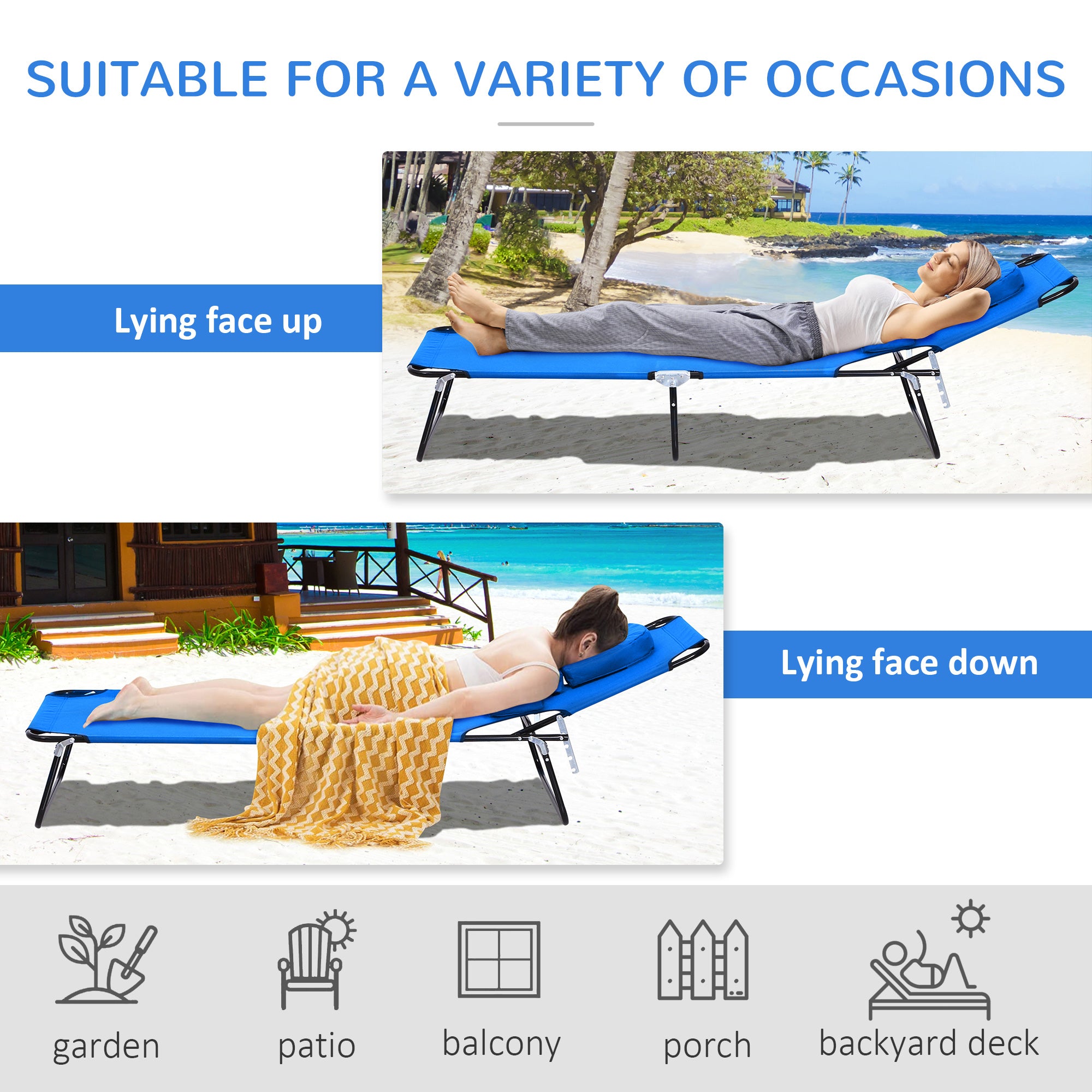 Adjustable Garden Sun Lounger w/ Reading Hole Outdoor Reclining Seat Folding Camping Beach Lounging Bed Blue Lounger Chairs   at Gallery Canada