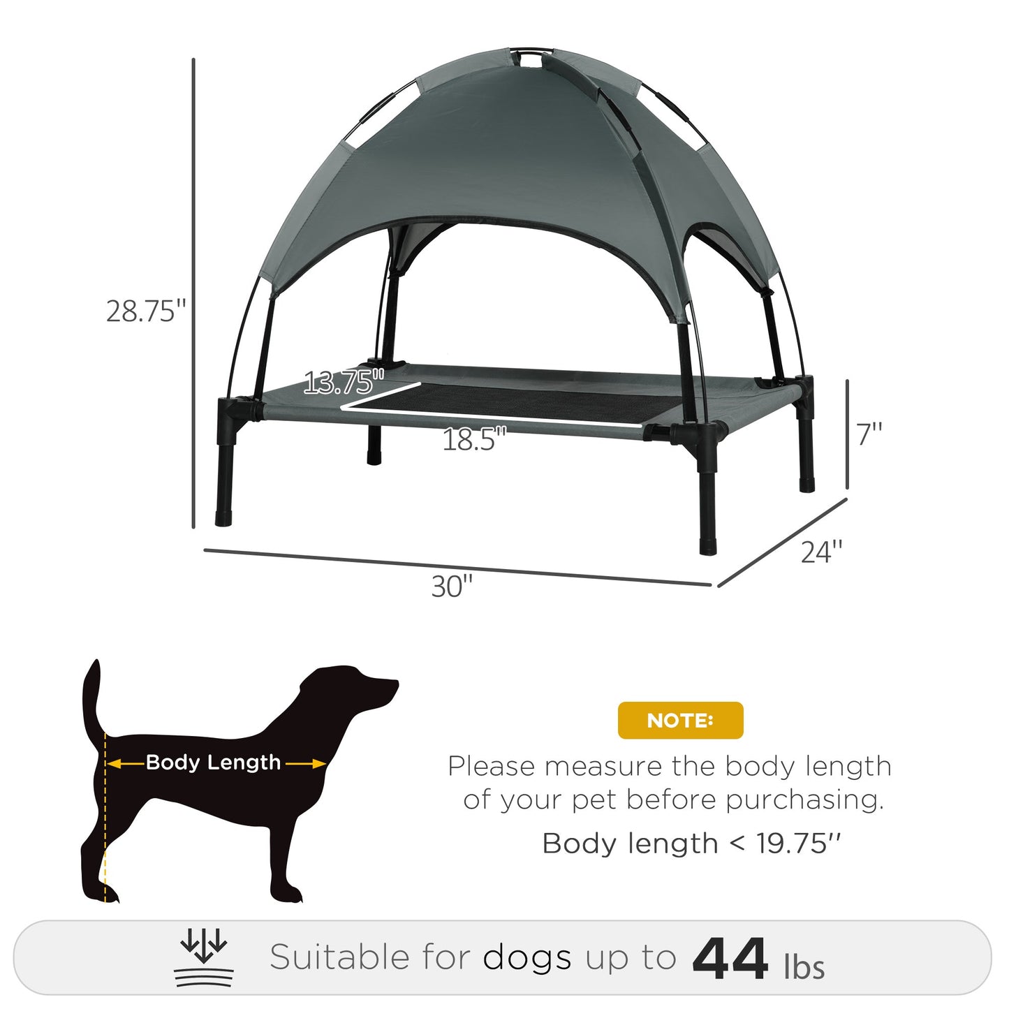 Elevated Dog Bed with Canopy, Portable Raised Dog Cot for M Sized Dogs, Indoor &; Outdoor, 30" x 24" x 29", Grey Elevated Dog Beds   at Gallery Canada