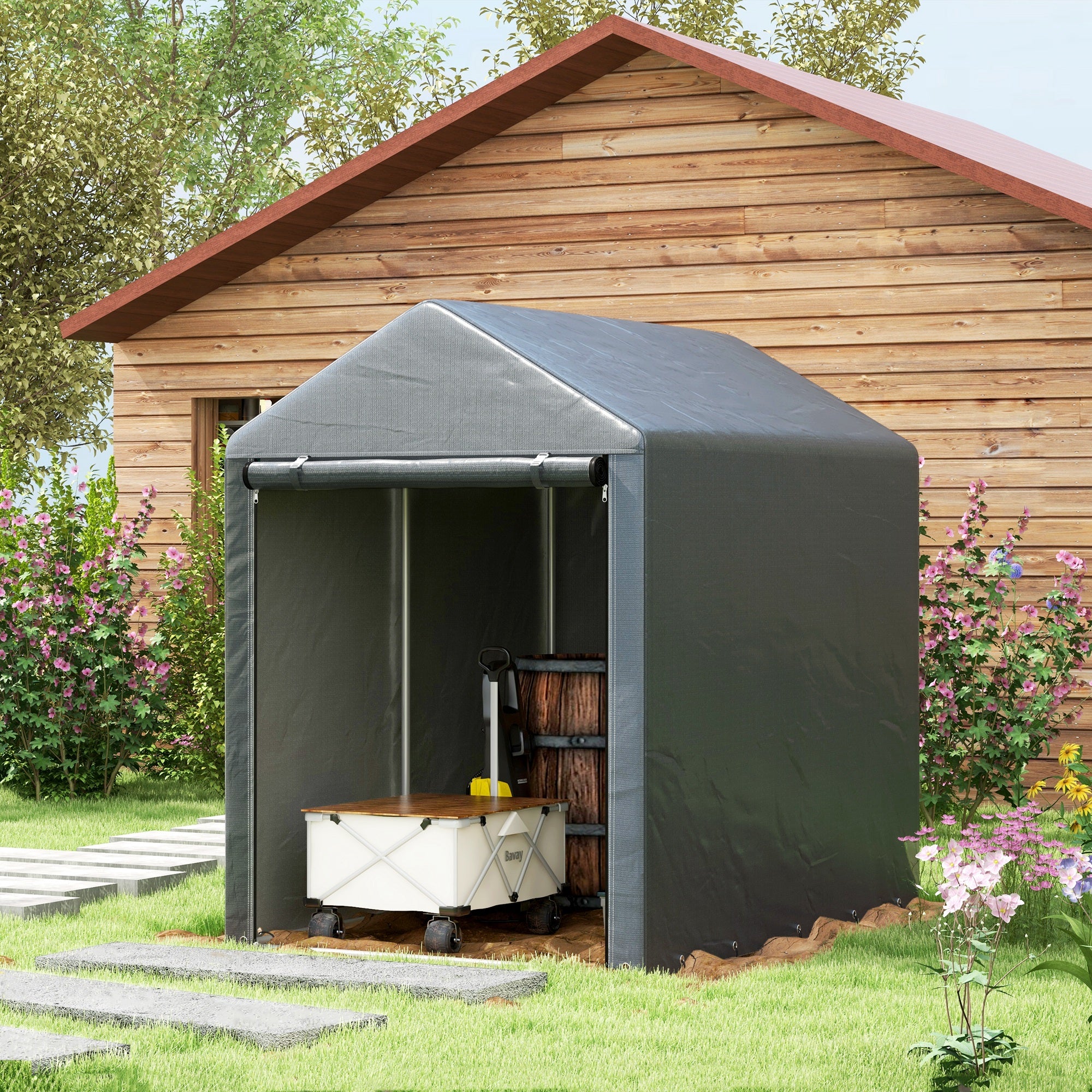 4 x 6ft Outdoor Storage Shed Tent, Portable Shed with Roll-up Door for Motorcycle, Bike, Garden Tools Sheds Dark Grey  at Gallery Canada