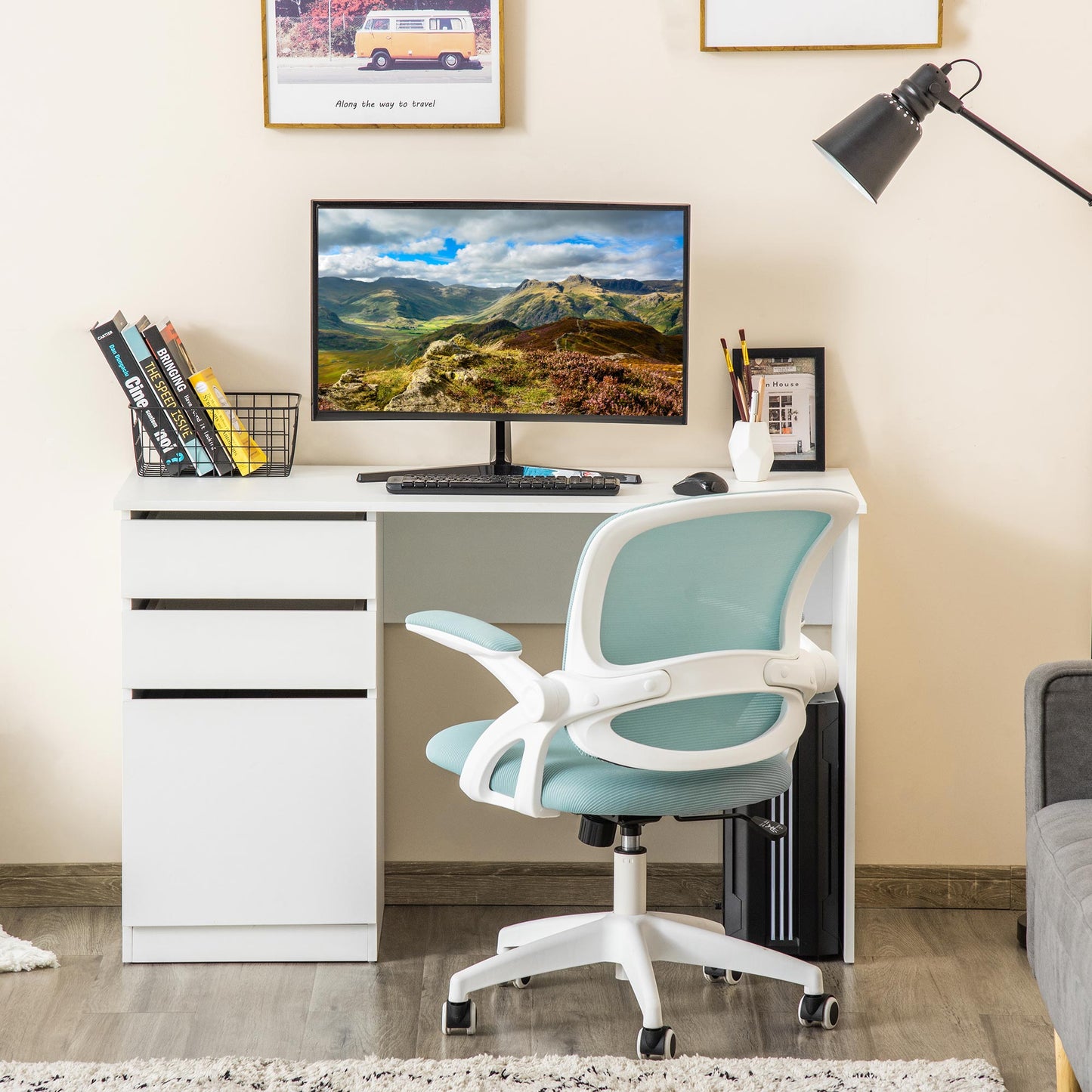 Modern Computer Desk, Home Office Desk for Study, Writing Workstation with Storage Drawer and Cabinet for Living Room White Writing Desks   at Gallery Canada