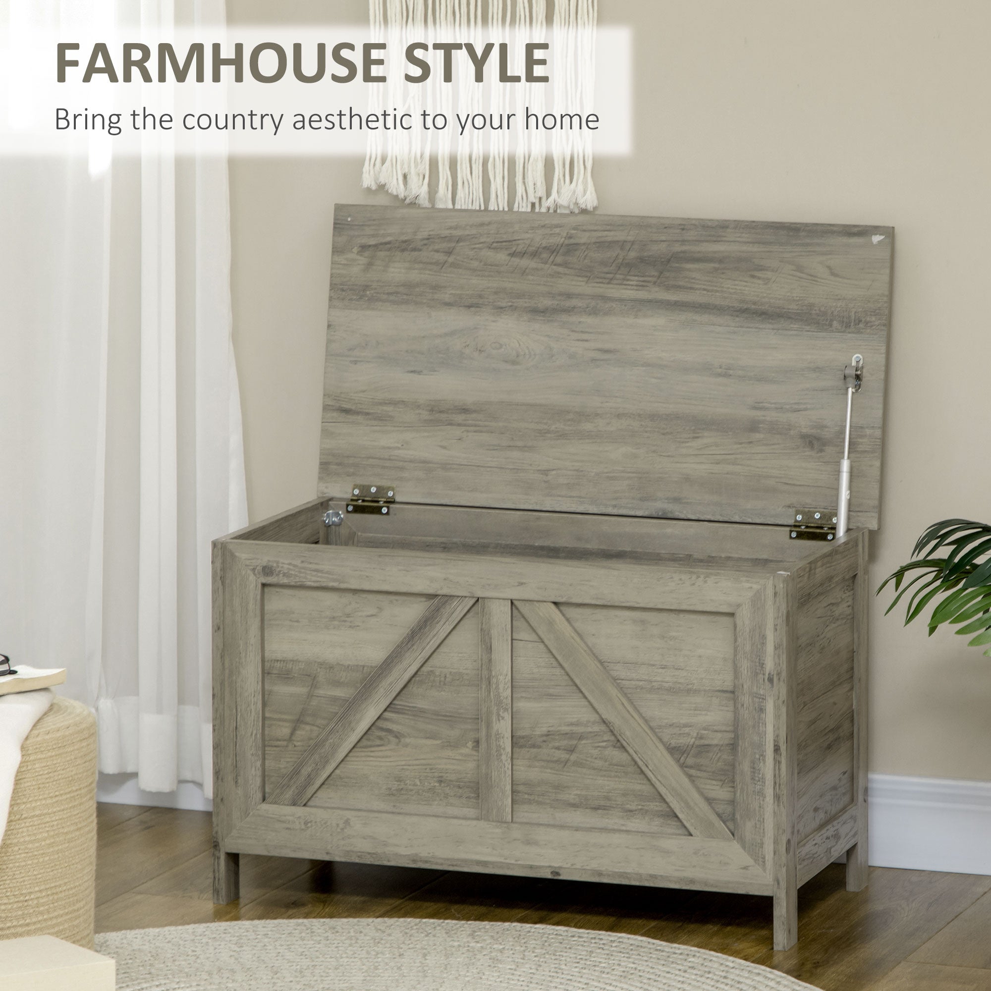 Storage Trunk Box Organizer with Farmhouse Panel, Safety Hinge to Open Up 100°, Grey Wood Grain Storage Cabinets at Gallery Canada