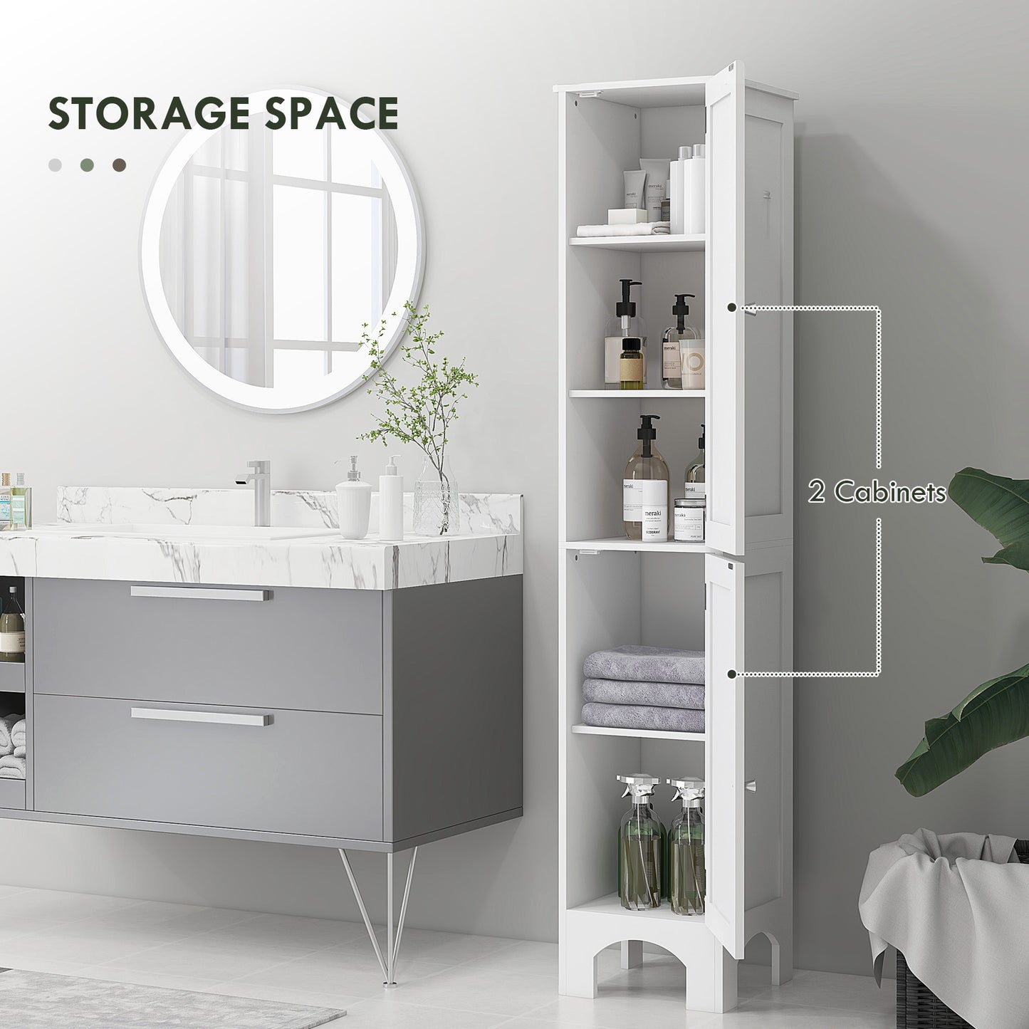 Narrow Bathroom Cabinet, Tall Bathroom Storage Cabinet with Shelves and Doors, White Bathroom Cabinets   at Gallery Canada