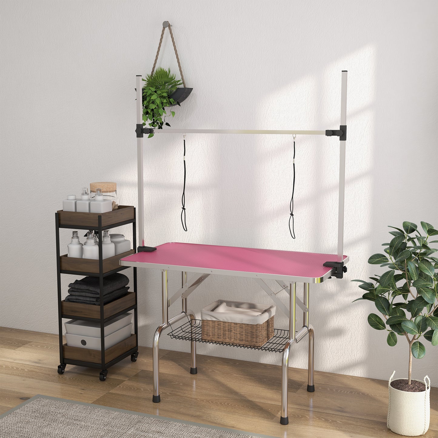 Adjustable Dog Grooming Table with 2 Safety Slings, Storage Basket, Pink Dog Grooming Tables   at Gallery Canada