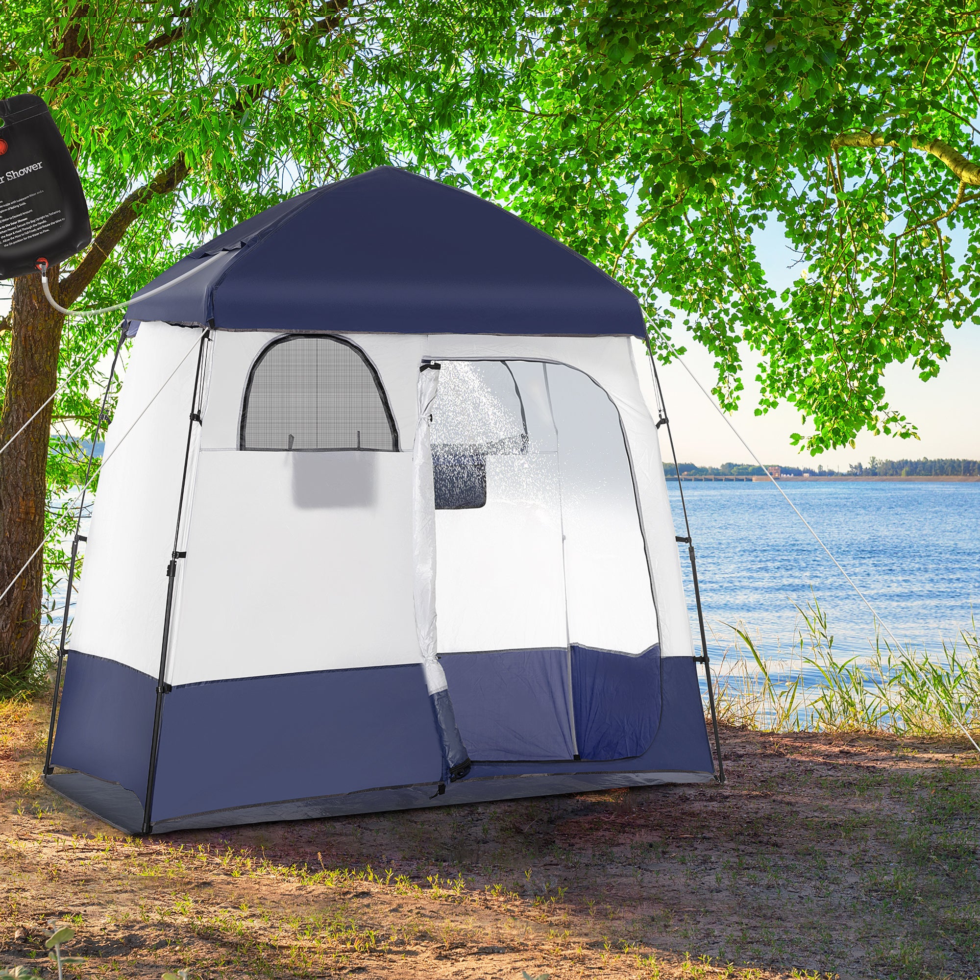 Outdoor Portable Pop Up Shower Tent Changing Tent Privacy Enclosure with 2 Rooms, Shower Bag, Floor for Camping, Blue Camping Tents at Gallery Canada