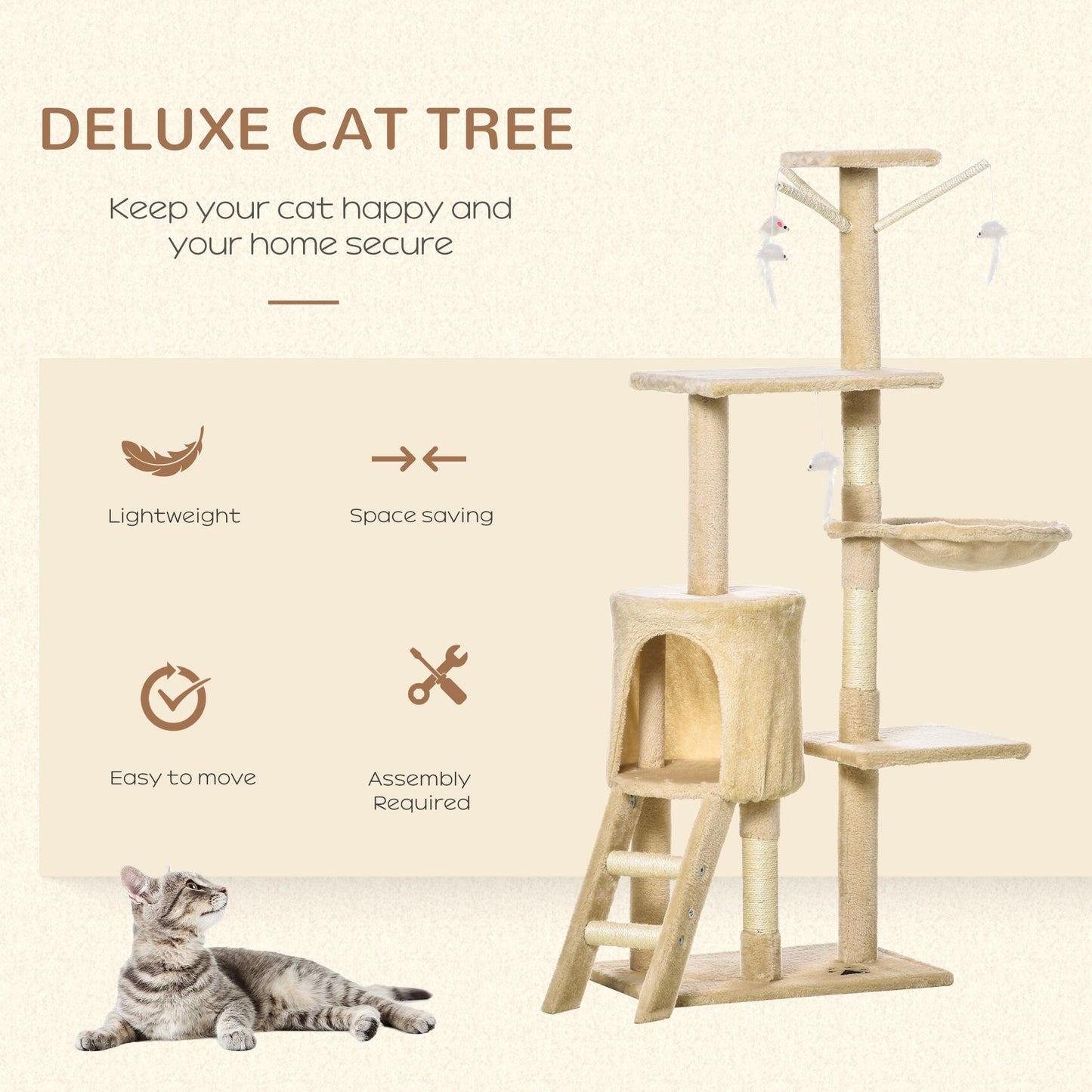 52" Multi-Level Cat Tree, Kitten Playhouse, Cat Activity Center with Scratching Post Rest Condo, Hammock Beige Cat Towers   at Gallery Canada