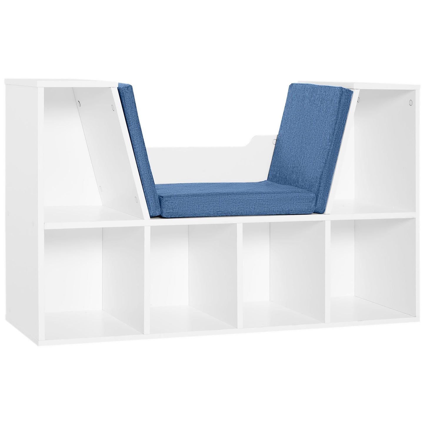 6-Cubby Kids Bookcase with Seat Cushion, Corner Bookcase with Reading Nook for Playroom, Home Office, Study, Blue White Bookshelves Blue and White  at Gallery Canada