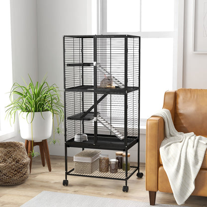 Rolling Small Animal Cage 53.5"H Chinchilla Cage for Ferrets, Squirrels w/ Removable Tray, Storage Shelf, Black Houses & Habitats   at Gallery Canada