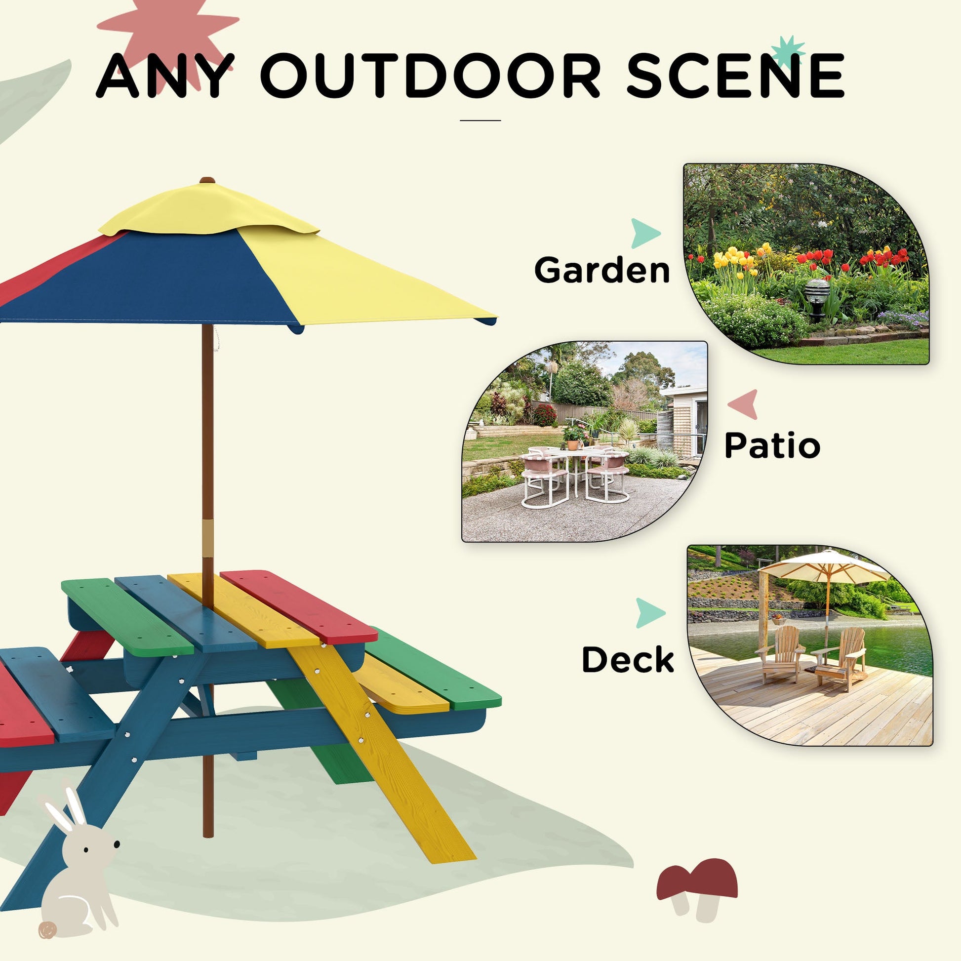 Wooden Kids Picnic Table Bench Set with Removable Umbrella for Backyard, Garden, 3-6 Years Old Kids Outdoor Furniture   at Gallery Canada