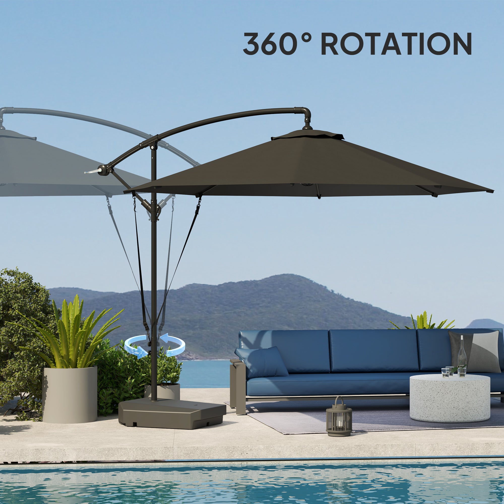 10FT Cantilever Umbrella with Fillable Base, Wind Strap and Cover, Offset Hanging Umbrella with Crank, UPF50+, Grey Offset Cantilever Umbrellas at Gallery Canada