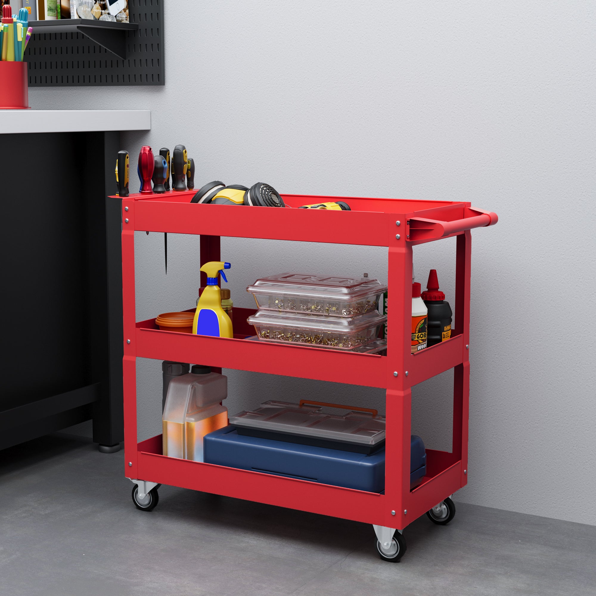 3 Tier Rolling Tool Cart with Wheels, 330 LBS Capacity Heavy Duty Utility Cart, Mobile Service Cart for Garage, Red Tool Organizers at Gallery Canada