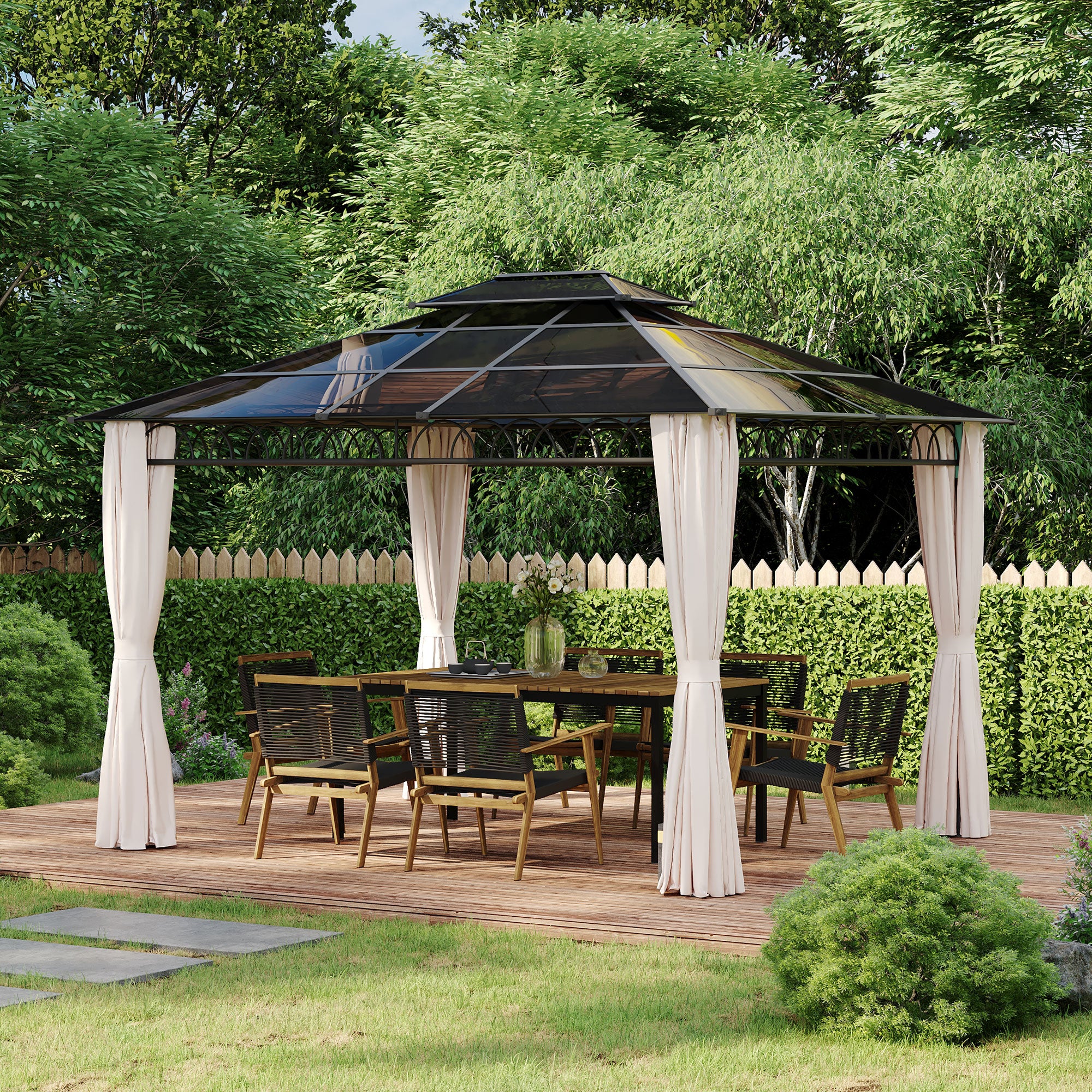 10' x 12' Outdoor Hardtop Gazebo Canopy w/ Double PC Roof, Steel Frame, Nettings, Curtains for Garden Lawn Deck, Khaki Gazebos at Gallery Canada