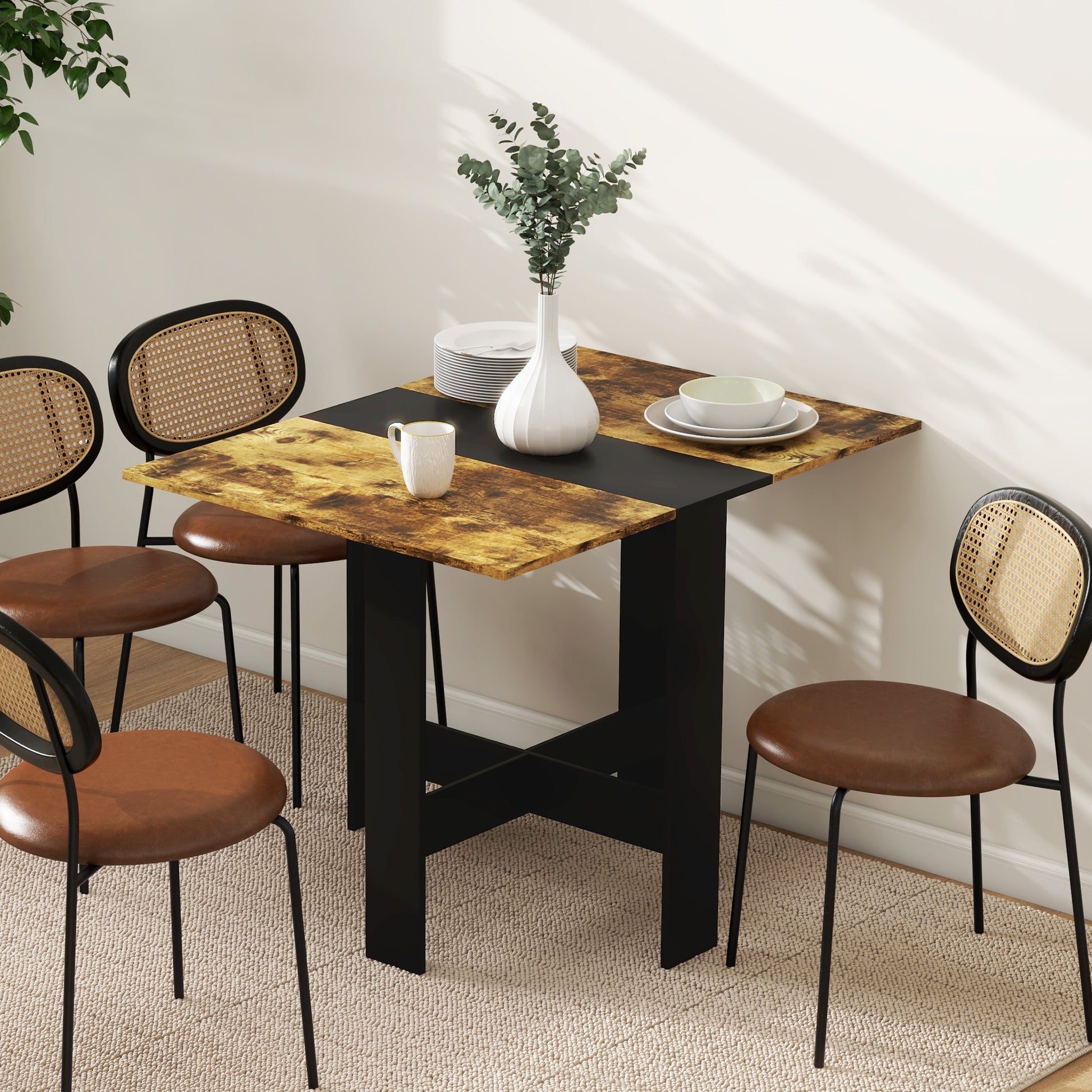 Drop Leaf Dining Table Wood Folding Table Multi-Use Side Table Dining Desk Space Saving Table, Rustic Brown and Black Bar Tables & Dining Tables   at Gallery Canada