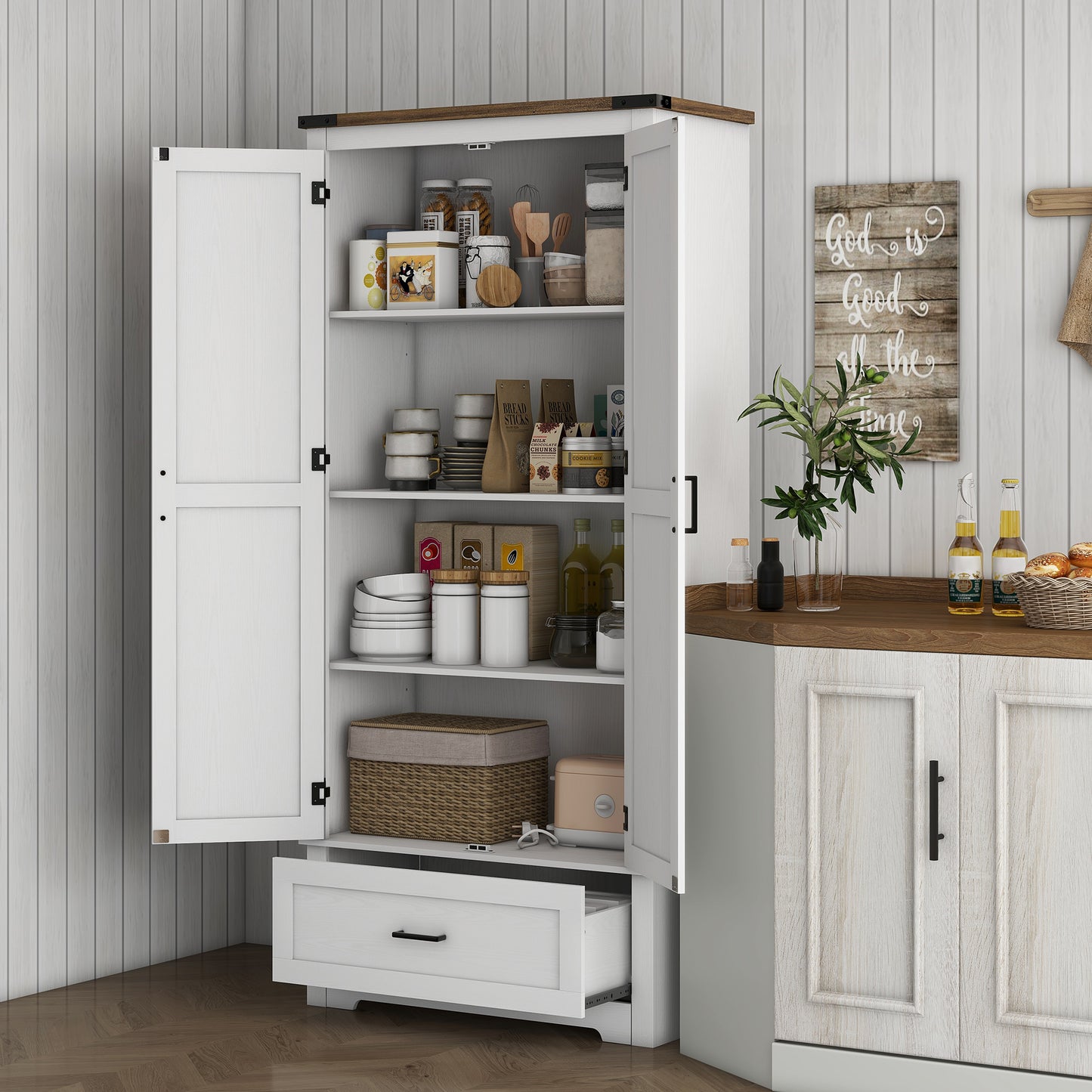 69" Tall Farmhouse Kitchen Pantry Cabinet with 2 Doors, Drawer and Adjustable Shelves for Dining Room, White Kitchen Pantry Cabinets White  at Gallery Canada