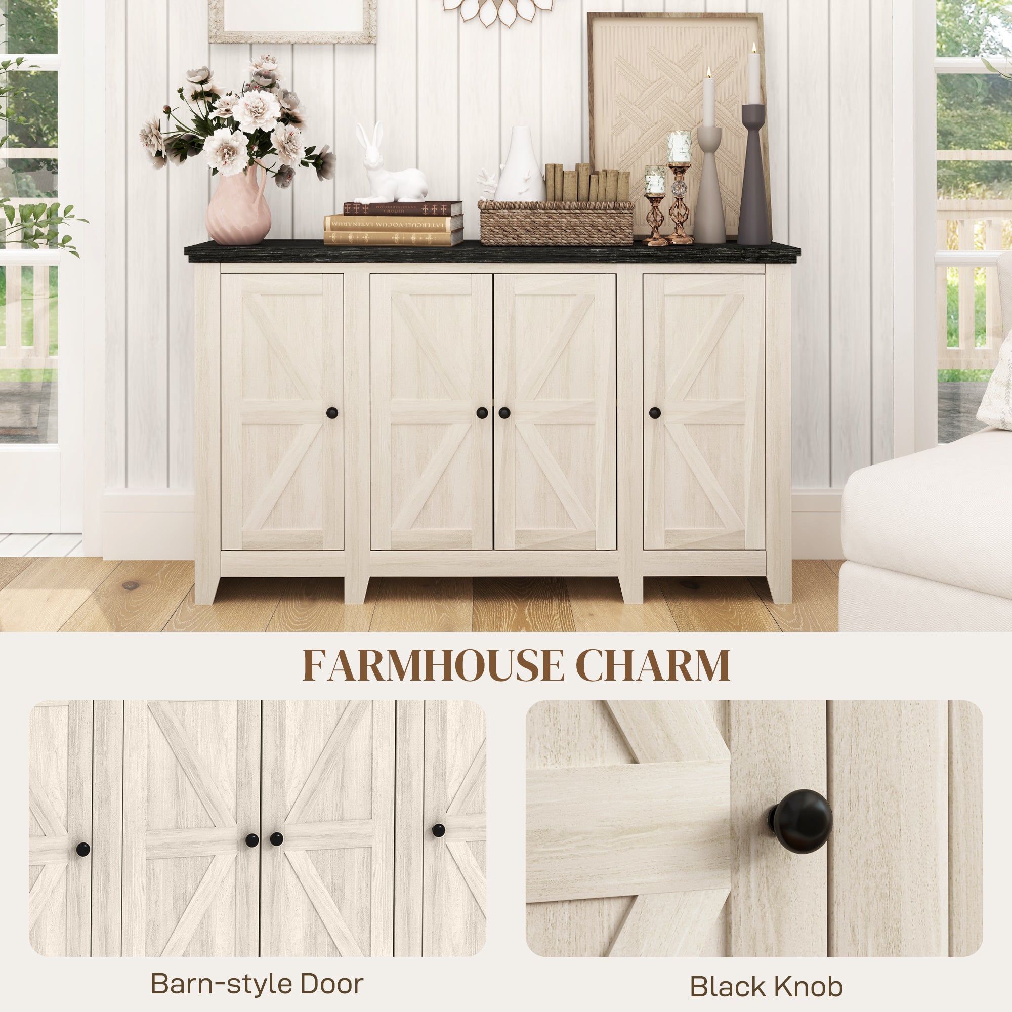 Rustic Sideboard, Buffet Cabinet with Adjustable Shelves for Living Room, Dining Room, Entryway, White Wood Grain Storage Cabinets at Gallery Canada