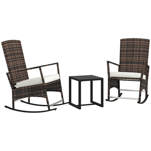 3 Piece Rocking Bistro Set, Wicker Patio Furniture with 3-Level Reclining High Back Rocking Chair and Glass Table, White