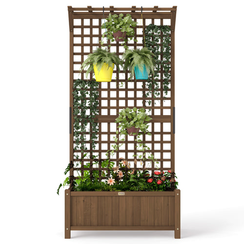 Wood Planter with Trellis for Vine Climbing, Raised Garden Bed, Privacy Screen for Backyard, Patio, Deck, Coffee