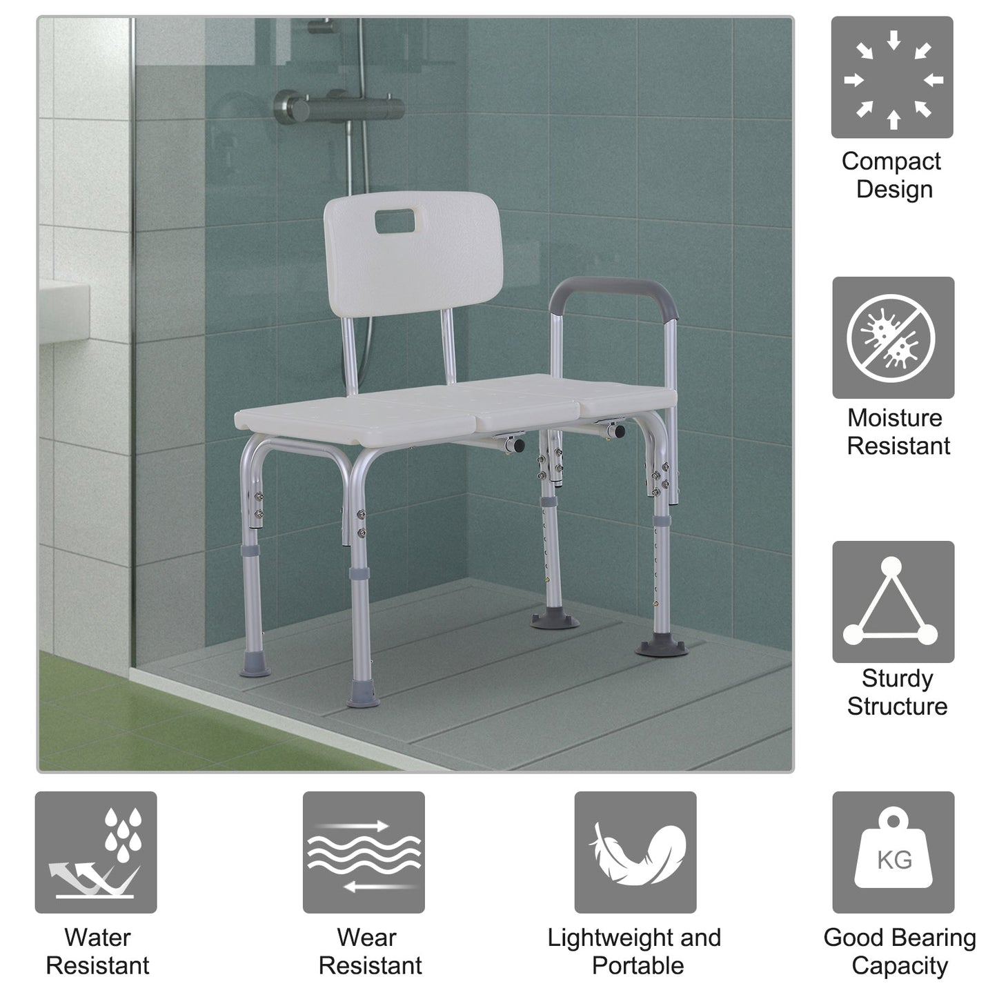 6-Level Adjustable Bath and Shower Transfer Bench Aluminum Chair with Non-Slip Feet, Armrest &; Backrest, White - Gallery Canada