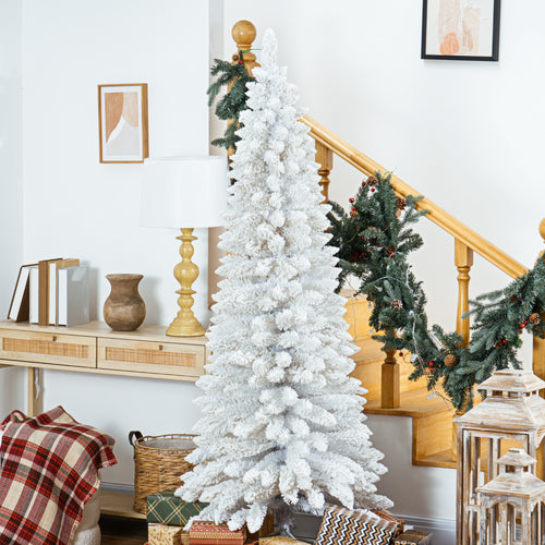 6ft White Christmas Tree, Flocked Pencil Christmas Tree with 376 Branch Tips and Metal Base for Home, Indoor, Holiday