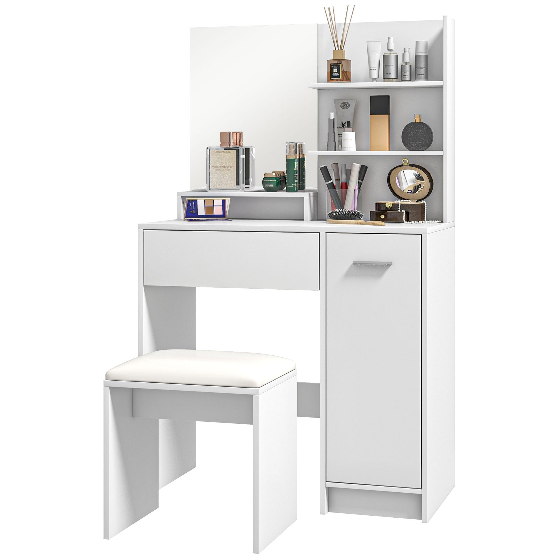 Vanity Set with Mirror and Stool, Makeup Vanity Table with Storage Drawer, Cabinet, Adjustable Shelf for Bedroom, White Dressing & Vanity Tables   at Gallery Canada