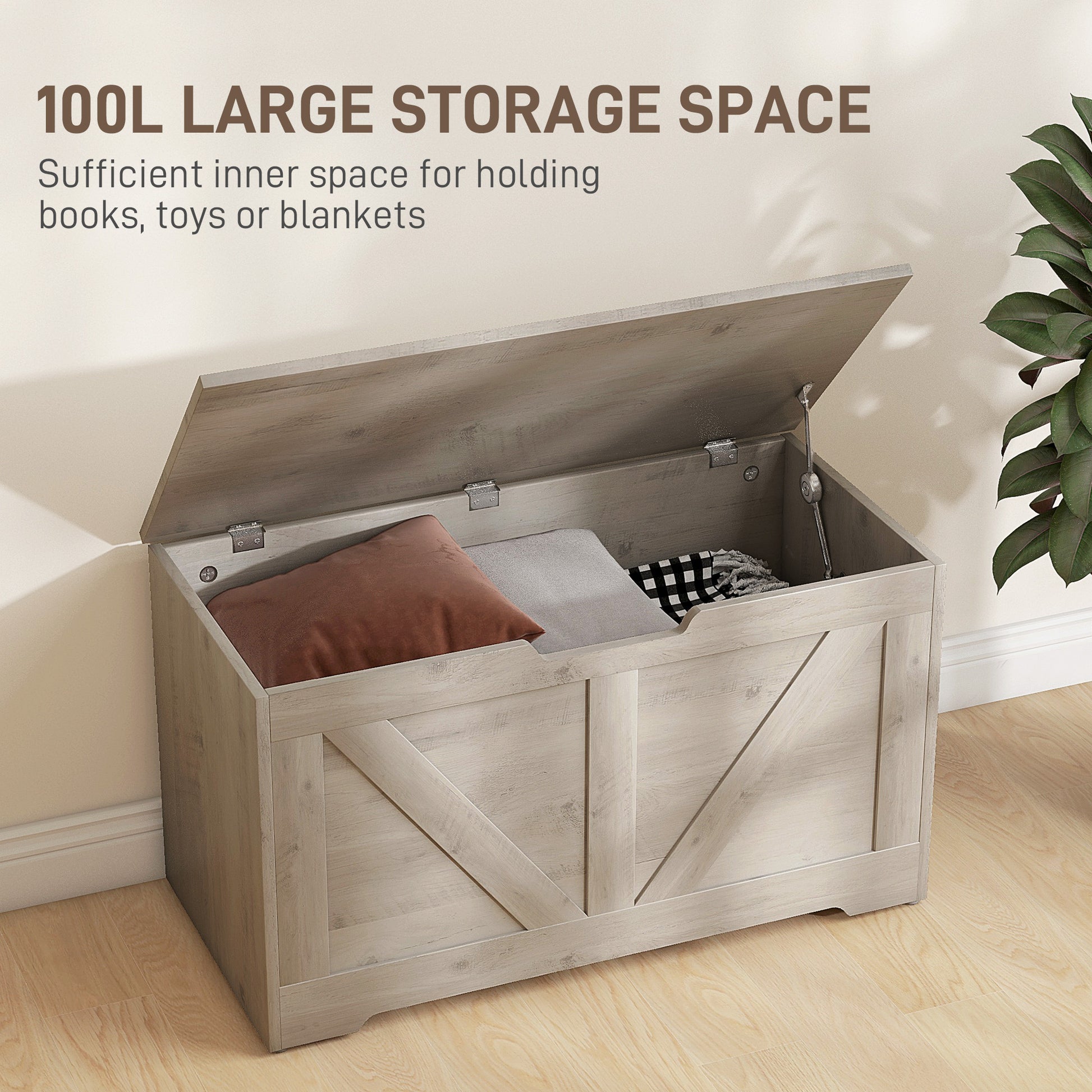 31.5 Inches Storage Chest, Storage Trunk with 2 Safety Hinges, Wooden Toy Box for Living Room, Grey Wood Grain Storage Cabinets   at Gallery Canada