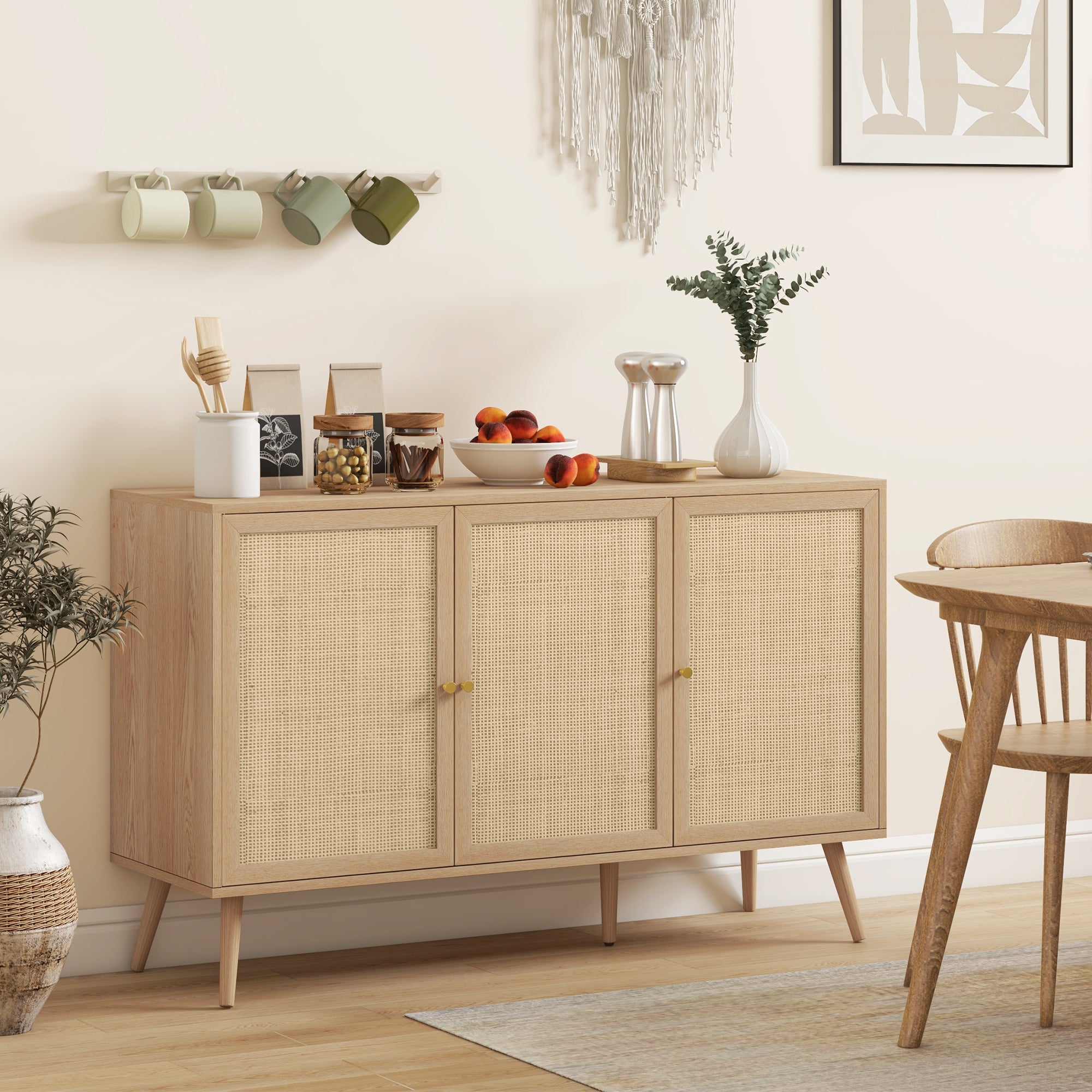 Kitchen Sideboard Cabinet, Boho Storage Cabinet with Shelves, Wood Legs, Decorative Rattan Doors, Natural Storage Cabinets   at Gallery Canada