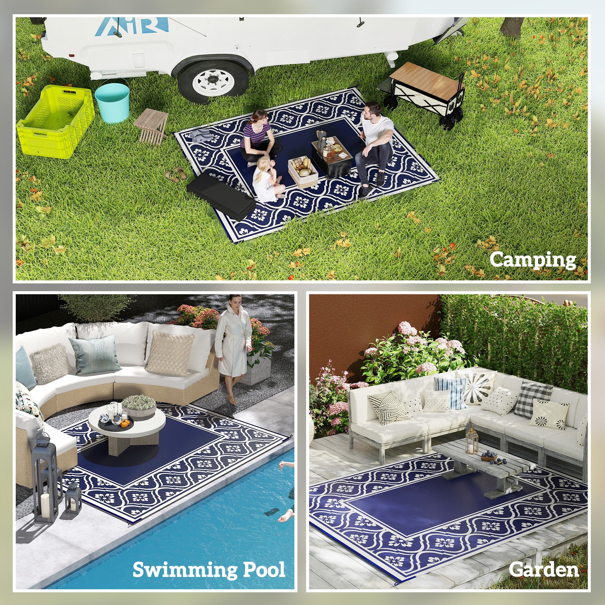 8' x 10' Outdoor RV Rug, Reversible Patio Floor Mat with Carry Bag, Gourd Border, Blue and White Garden Decor at Gallery Canada