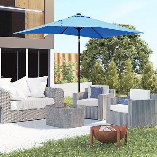 6' x 10' Patio Umbrella with 22 LED Solar Lights and Tilt, Rectangular Outdoor Table Umbrella with Crank, Light Blue