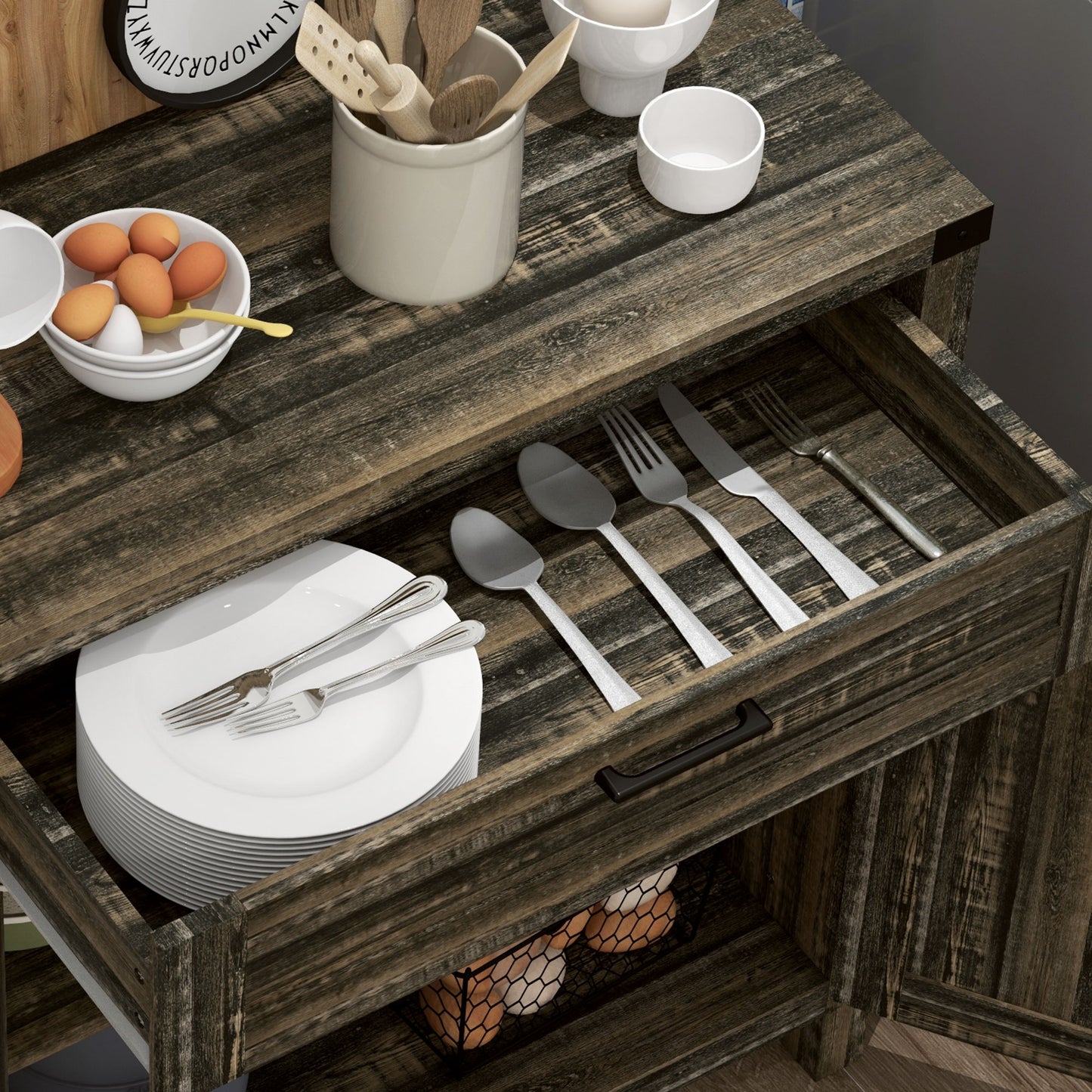 Farmhouse Kitchen Storage Cabinet, Sideboard Buffet Cabinet with 2 Rustic Barn Doors and Drawer, Dark Oak Bar Cabinets   at Gallery Canada