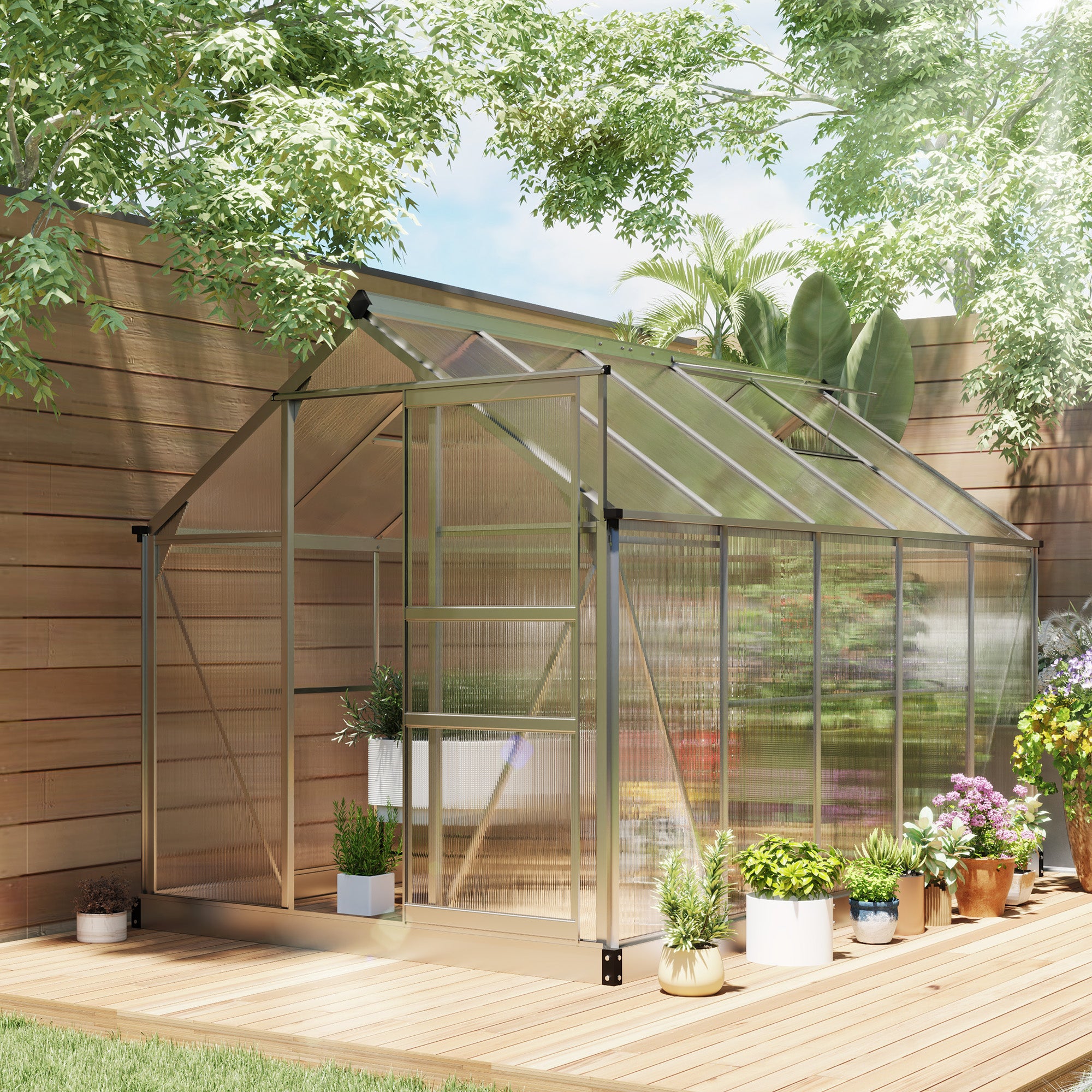 6' x 10' x 6.6' Polycarbonate Greenhouse, Walk-In Green House Kit Garden, Plants Grow, Galvanized Sheet Aluminum Frame with Rain Gutter, Vents and Sliding Door, Sliver Walk In Greenhouses Multi Colour at Gallery Canada