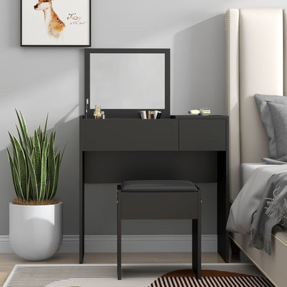 Modern Vanity Set with Flip Top Mirror and Cushioned Stool, Dressing Table with Storage Drawer for Bedroom, Black Dressing & Vanity Tables   at Gallery Canada