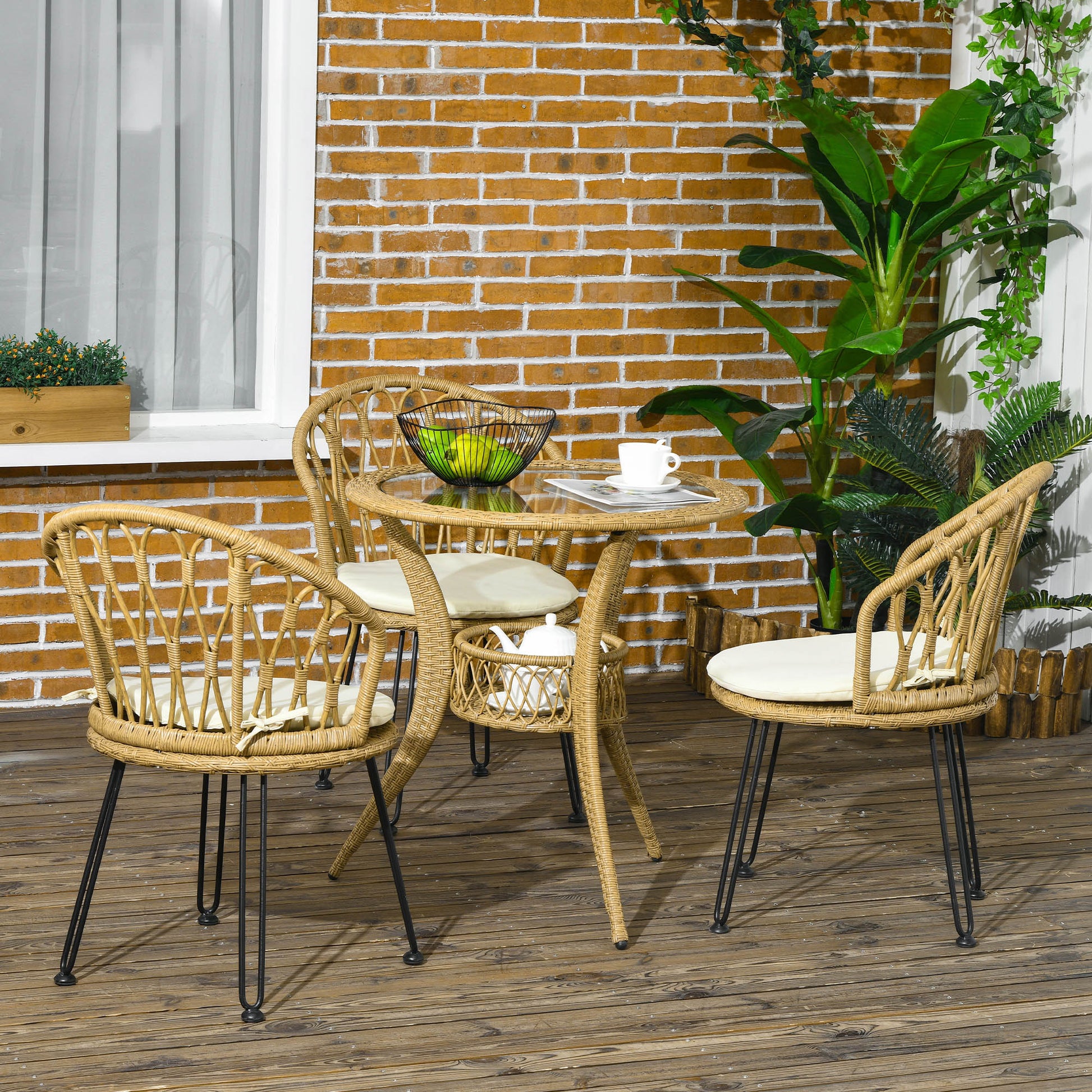 4 Pieces Rattan Dining Set with Storage Basket, Tempered Glass Table Top, for Garden, Backyard, Balcony, Light Brown Patio Furniture Sets   at Gallery Canada