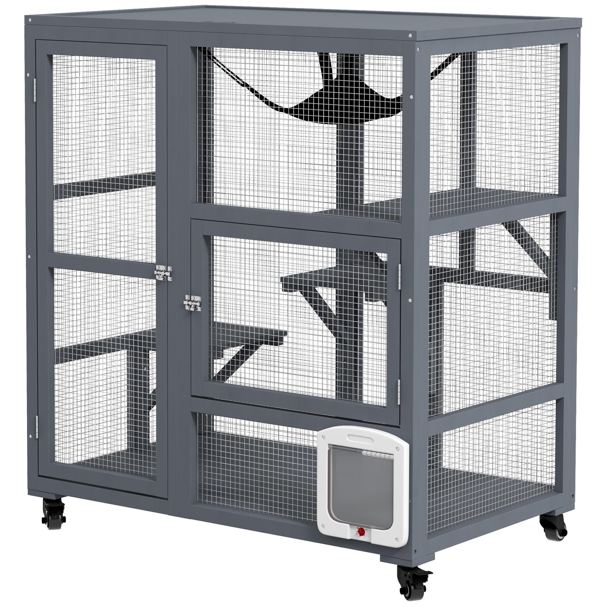 Cat Condo Wooden Indoor Cat House on Wheels with Cat Flap Door Platforms Hammock Openable Top for 2 Cats, Light Grey Outdoor Cat Enclosures Light Grey at Gallery Canada