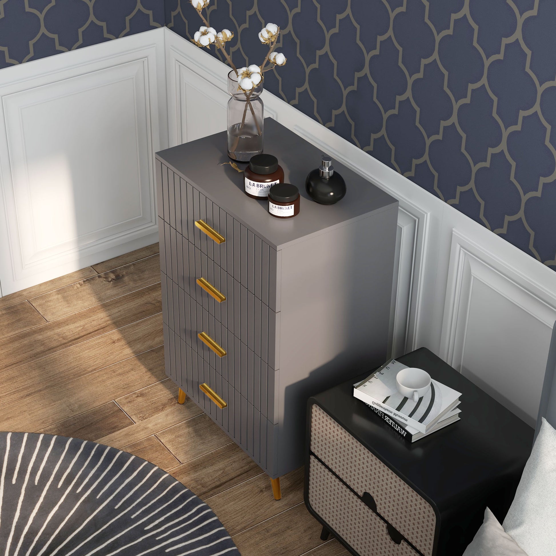 4 Drawer Cabinet, Drawer Chest for Bedroom, Chest of Drawers with Aluminium Legs and Gold Handles, Dark Grey Storage Cabinets   at Gallery Canada