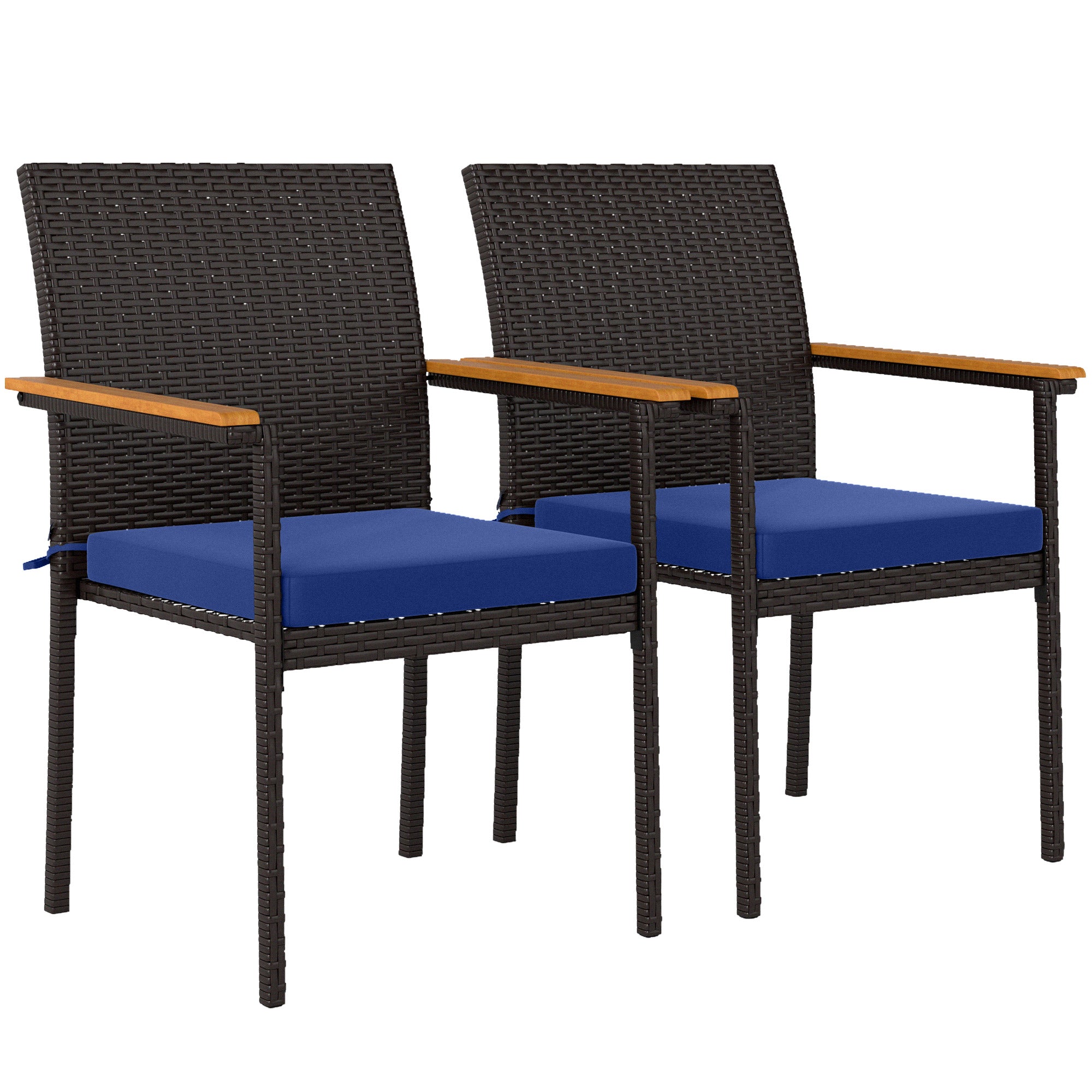 Stackable Wicker Patio Chairs Set of 2 with Removable Cushion, Armrest for Garden, Porch, Yard, Navy Blue Patio Chairs at Gallery Canada