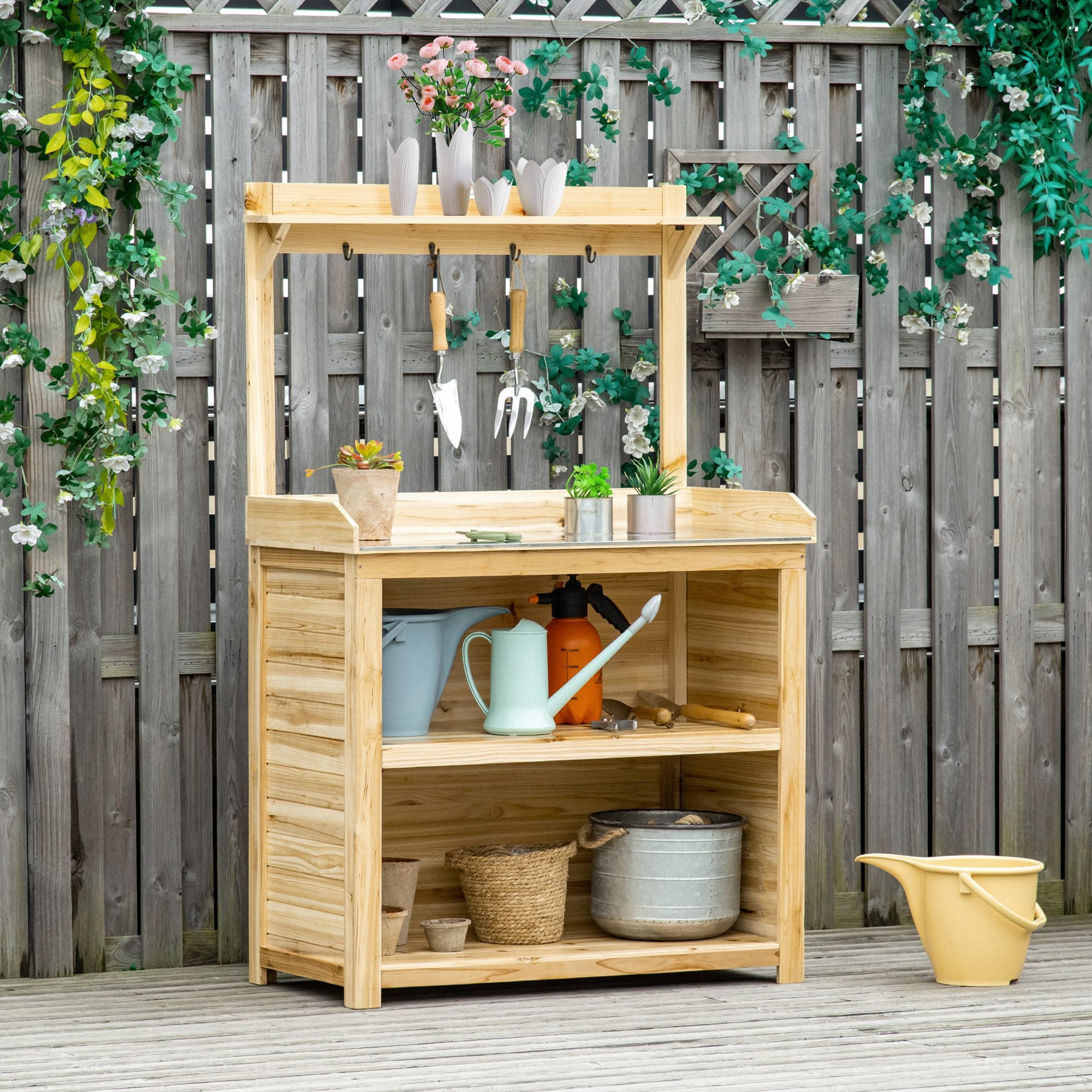 Potting Bench Table, Wooden Garden Workstation Bench with Galvanized Metal Tabletop, Storage Shelves and Hooks for Patios, Courtyards, Balcony Potting Benches & Tables at Gallery Canada