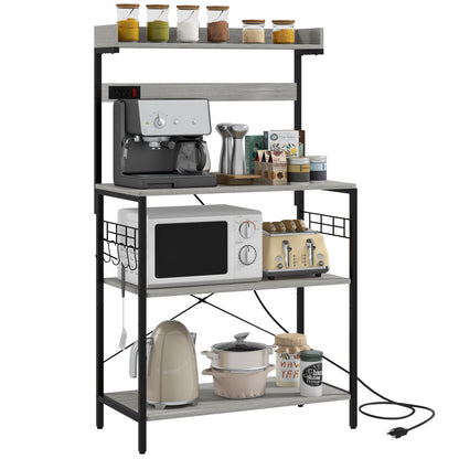 Kitchen Baker's Rack with Power Outlet, Coffee Bar Station with Adjustable Shelves and Hooks, Distressed Grey Bar Cabinets   at Gallery Canada