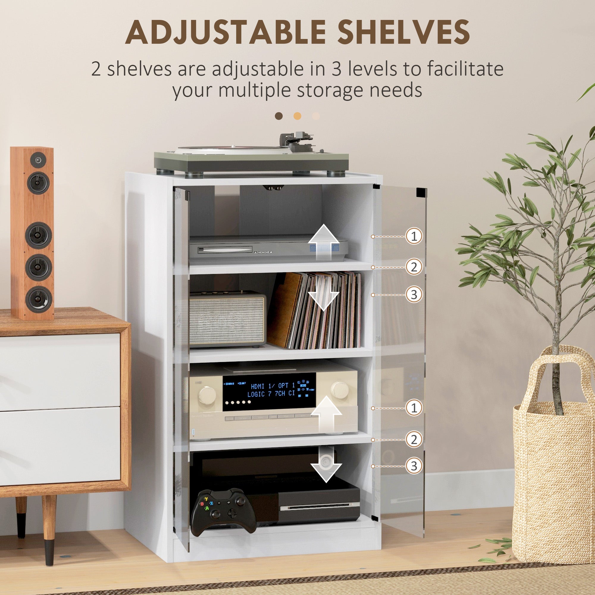 5-Tier Media Cabinet, Media Stand with Adjustable Shelves, Tempered Glass Doors, and Cable Management, Distressed White Storage Cabinets   at Gallery Canada