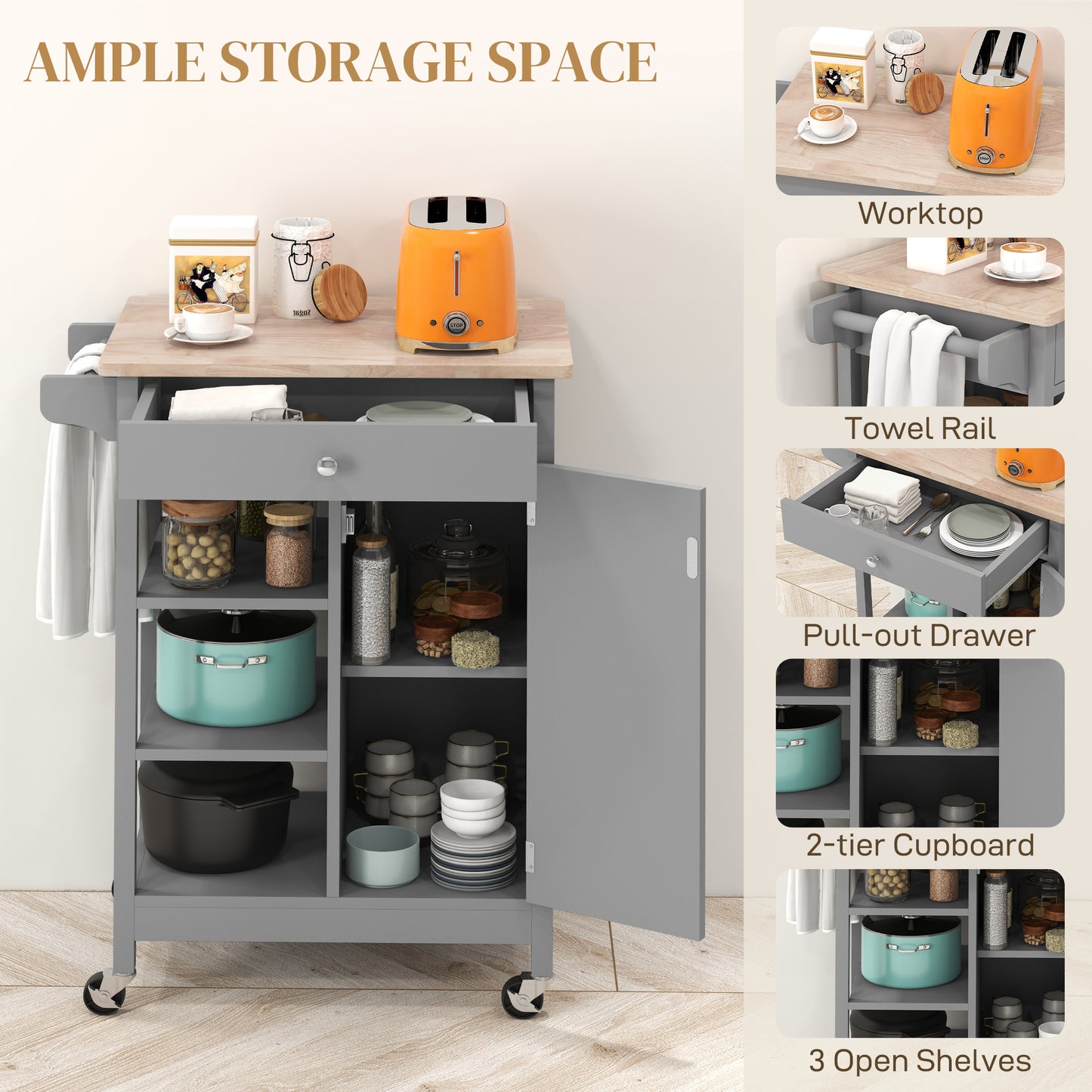 Modern Rolling Kitchen Island Cart with Drawer, Natural Wood Top, Towel Rack, Door Storage Cabinet, Grey Kitchen Islands & Kitchen Carts   at Gallery Canada