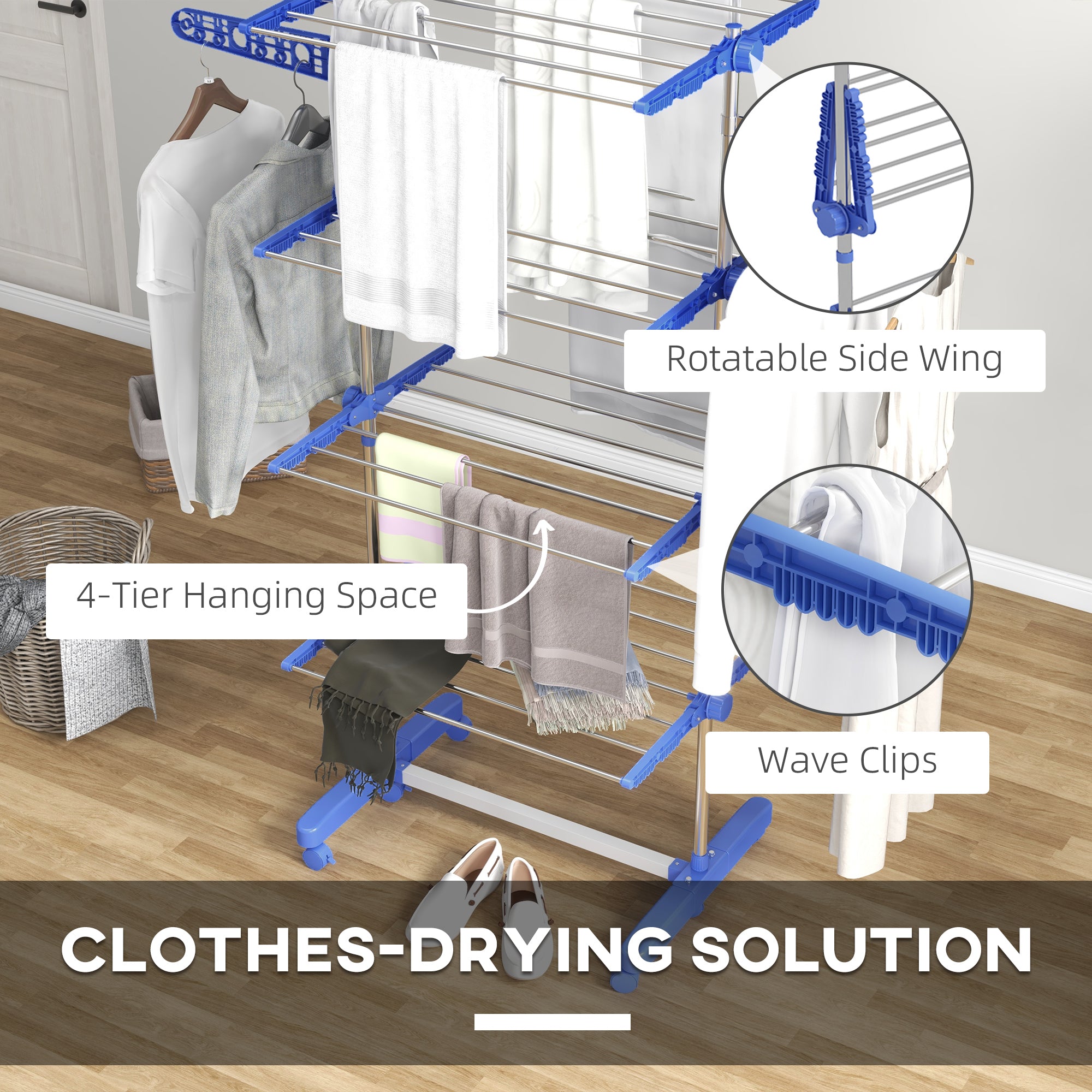 Garment Drying Rack Stainless Steel Folding Clothes Hanging Rack with Side Wings Castors for Indoor Outdoor Blue Bath Accessories   at Gallery Canada