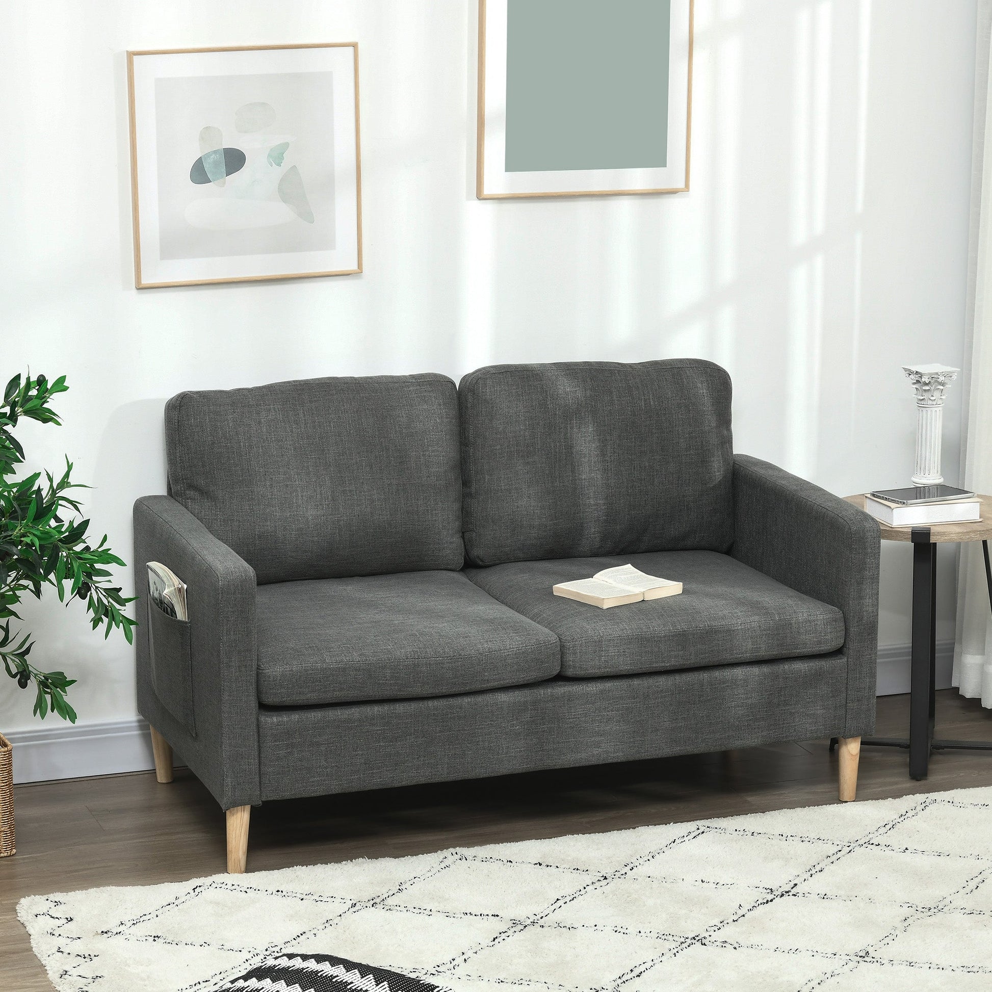 56" 2 Seat Sofa, Modern Love Seats Furniture, Upholstered 2 Seater Couch with Side Pockets, Solid Steel Frame, Grey 2-Seater Sofas   at Gallery Canada