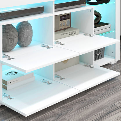 TV Stand with LED Lights for TVs up to 55", High Gloss TV Cabinet with Flip Doors and Glass Shelves, White TV Stands   at Gallery Canada