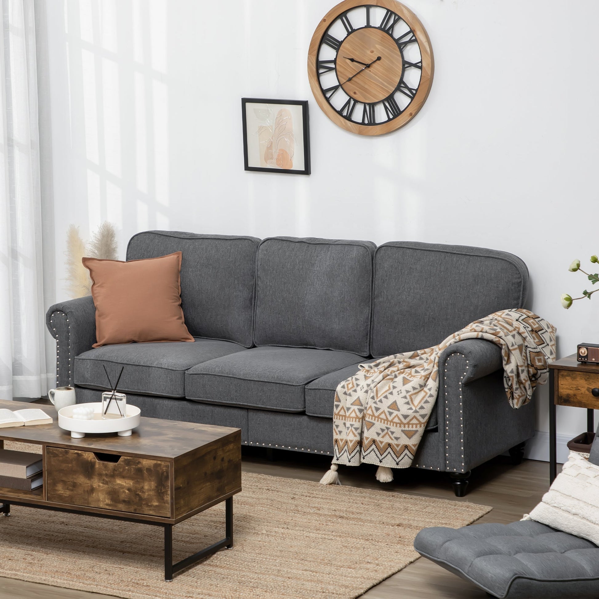 3-Seater Sofa Couch, 81" Modern Linen Fabric Sofa with Rubberwood Legs, Nailhead Trim and Rolled Arms for Living Room, Bedroom and Apartment, Grey 3-Seater Sofas   at Gallery Canada