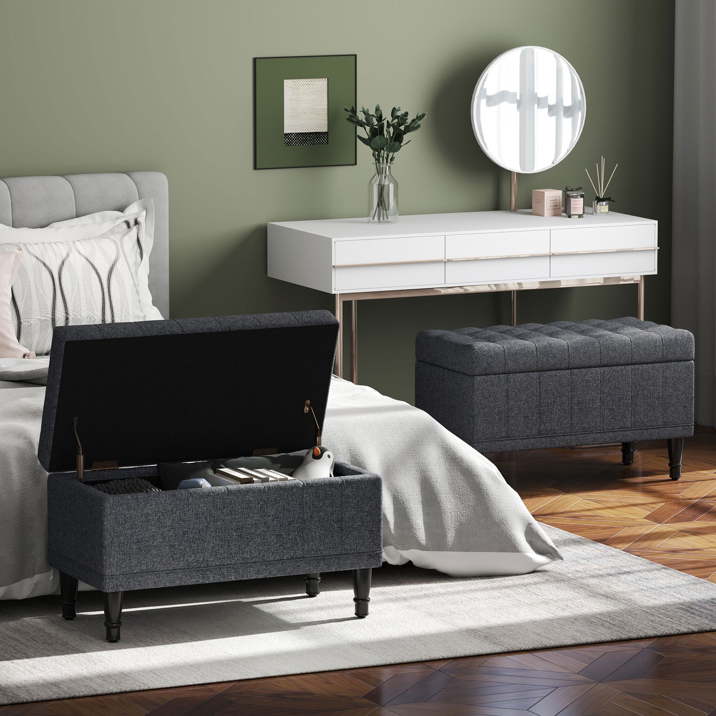 Storage Ottoman, Linen Fabric End of Bed Bench with Button Tufted Storage Bench for Bedroom, Grey Storage Ottomans & Benches at Gallery Canada