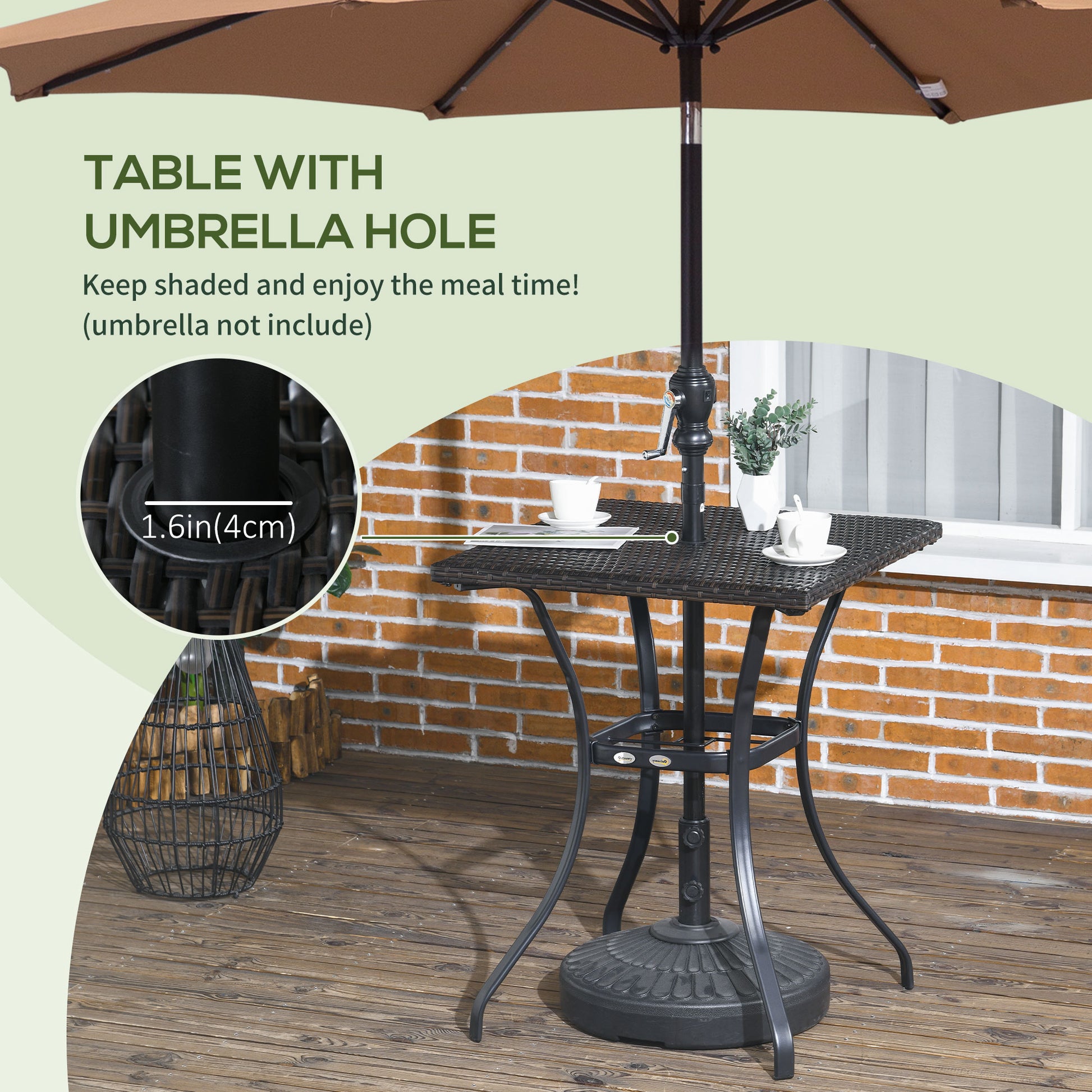 Outdoor Wicker Dining Table with Umbrella Hole, PE Rattan, Plastic Board, Brown Patio Side Tables   at Gallery Canada