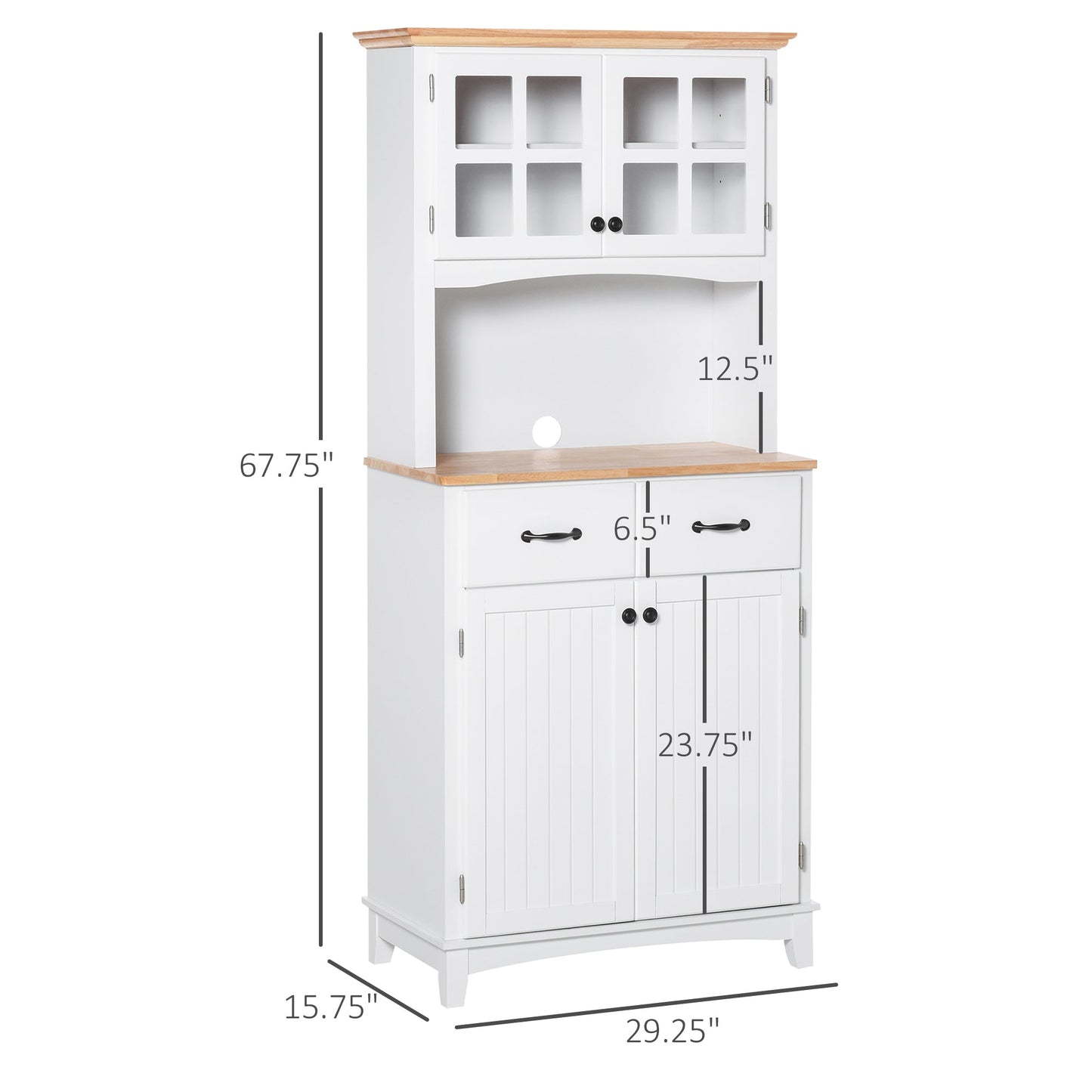 Coastal Style Kitchen Buffet and Hutch Wooden Storage Cabinet with Framed Glass Door Drawers Microwave Space for Dining Room Living Room White Kitchen Pantry Cabinets   at Gallery Canada