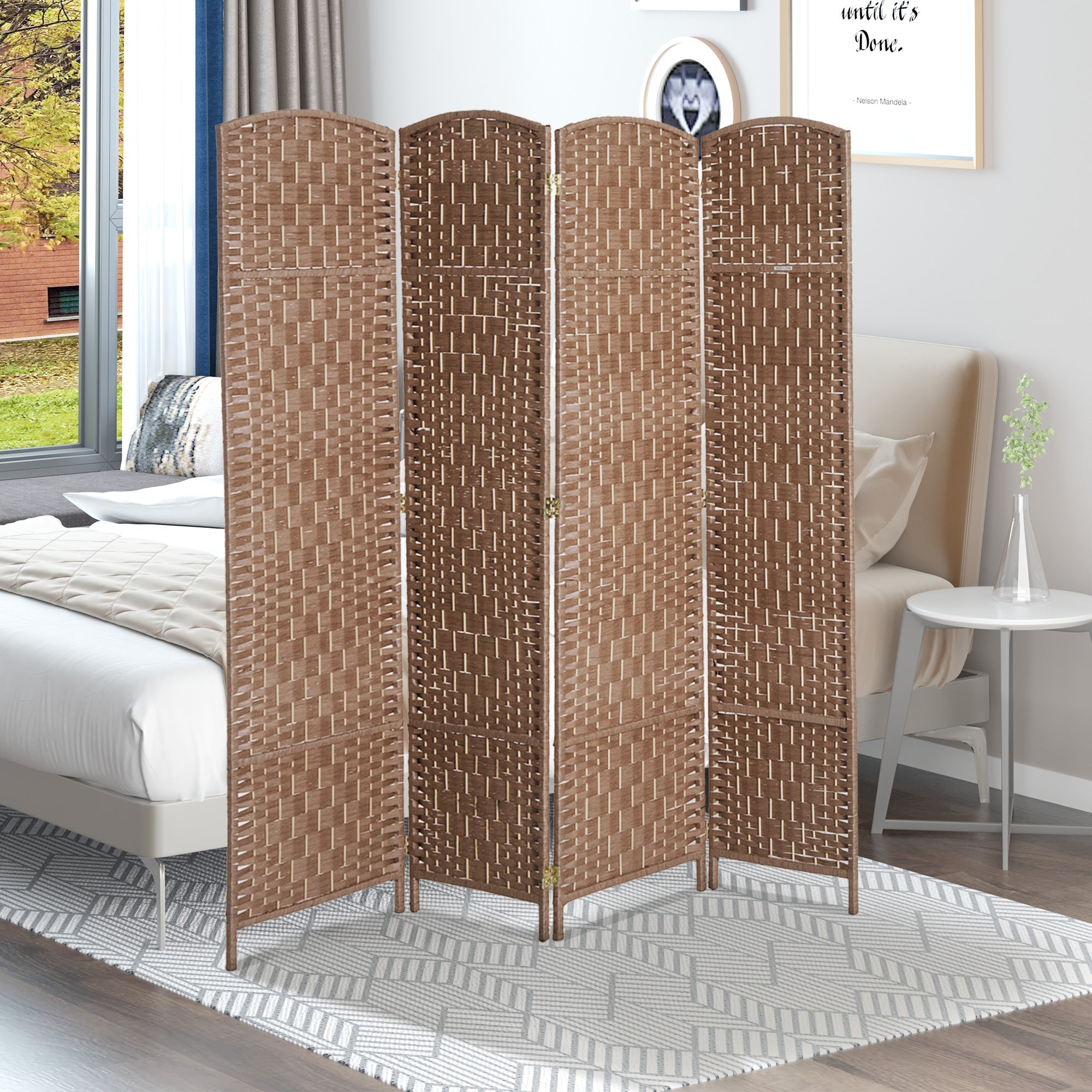 6ft Folding Room Divider, 4 Panel Wall Partition with Wooden Frame for Bedroom, Home Office, Natural Room Dividers   at Gallery Canada