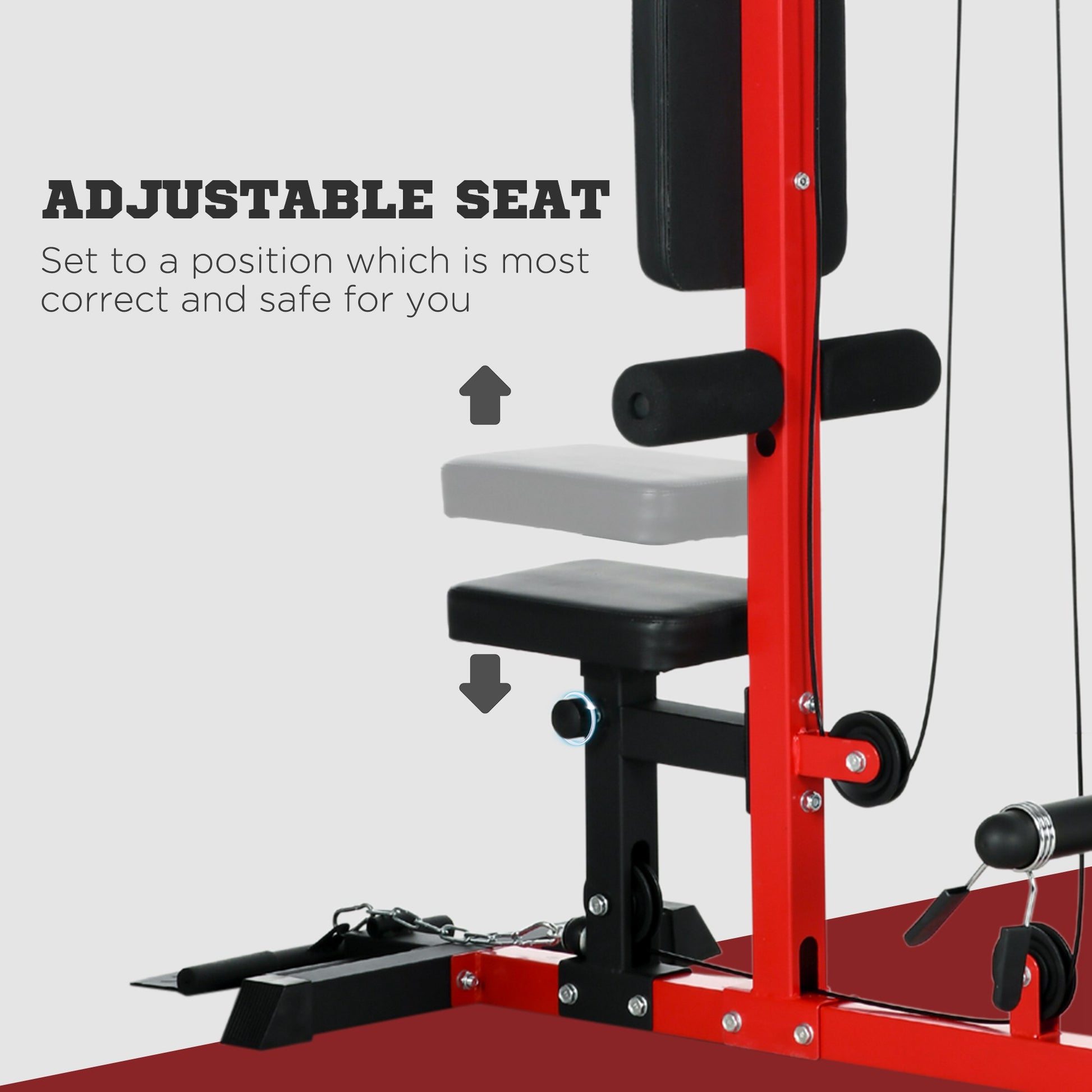 Lat Pull Down Machine, High / Low Pulley Machine with Adjustable Seat and Flip-Up Footplate, Red Power Towers   at Gallery Canada