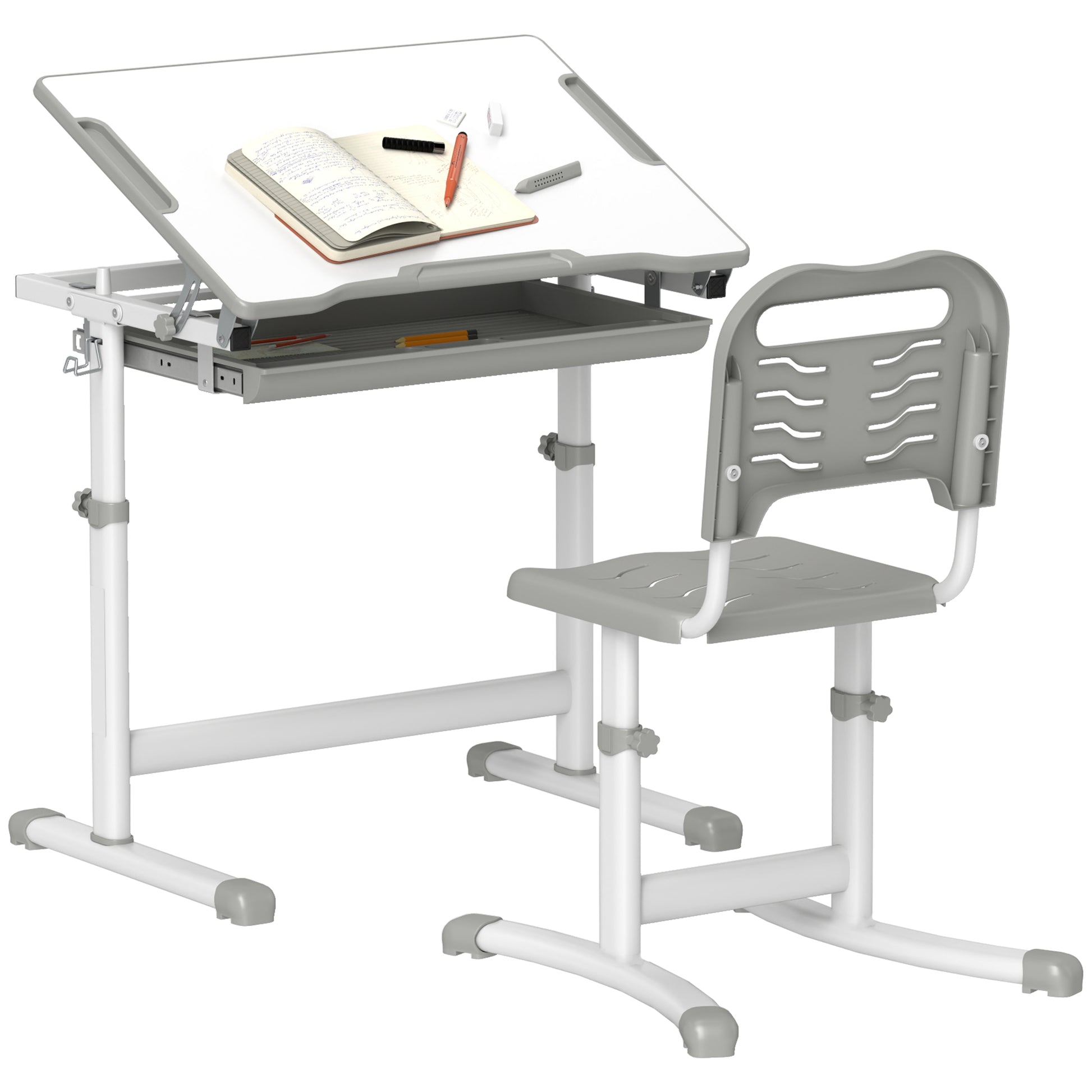 Height Adjustable Study Table and Chair Set with Drawer, Pen Slot, Tiltable Desktop, Hook, Grey Kids Desk Sets   at Gallery Canada