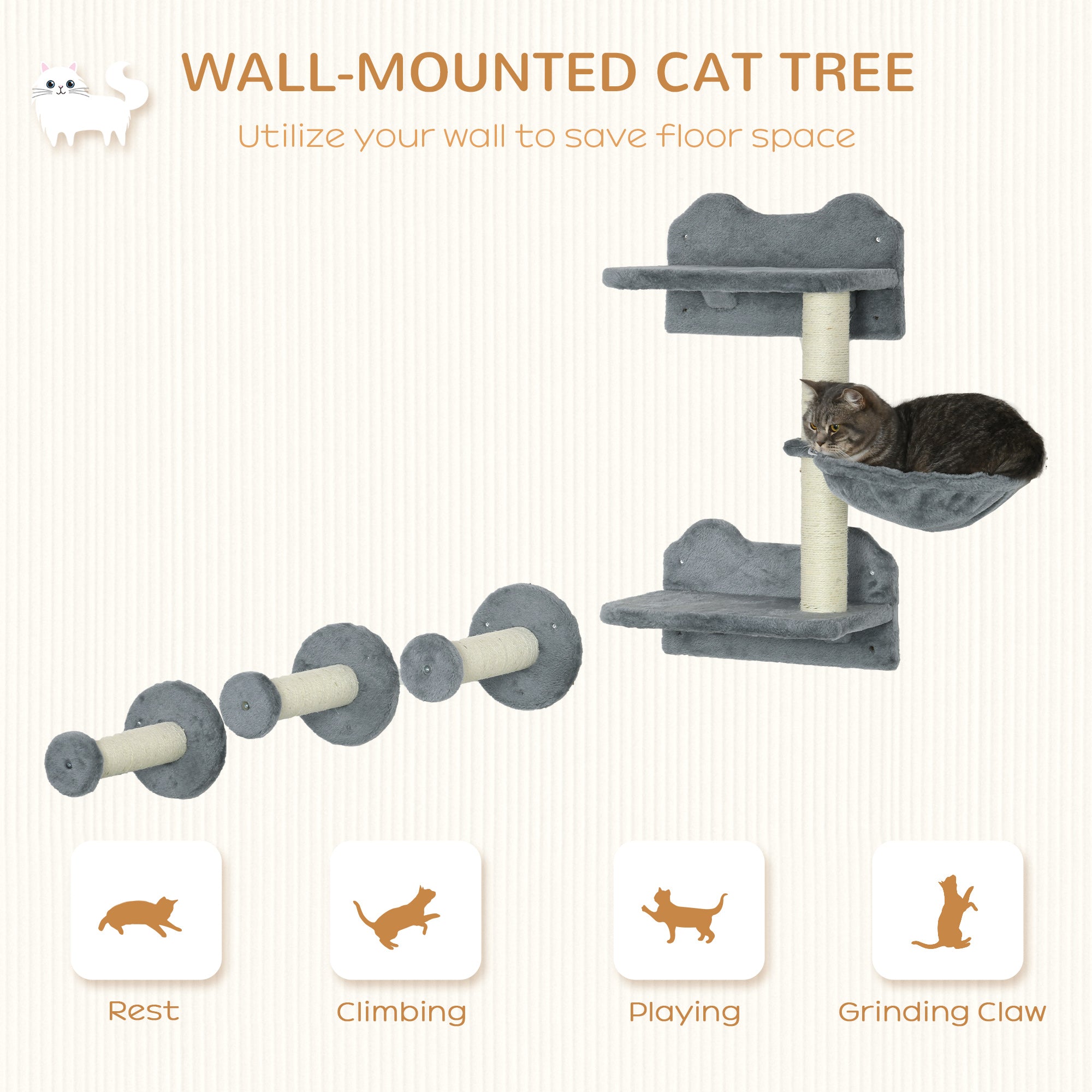 4Pcs Cat Wall Shelf with Scratching Posts, Hammock, Steps, Platforms, Cat Shelves for Relaxing, Sleeping, Jumping, Cat Wall Climber for Indoor Cats, Grey Cat Climbing Wall at Gallery Canada