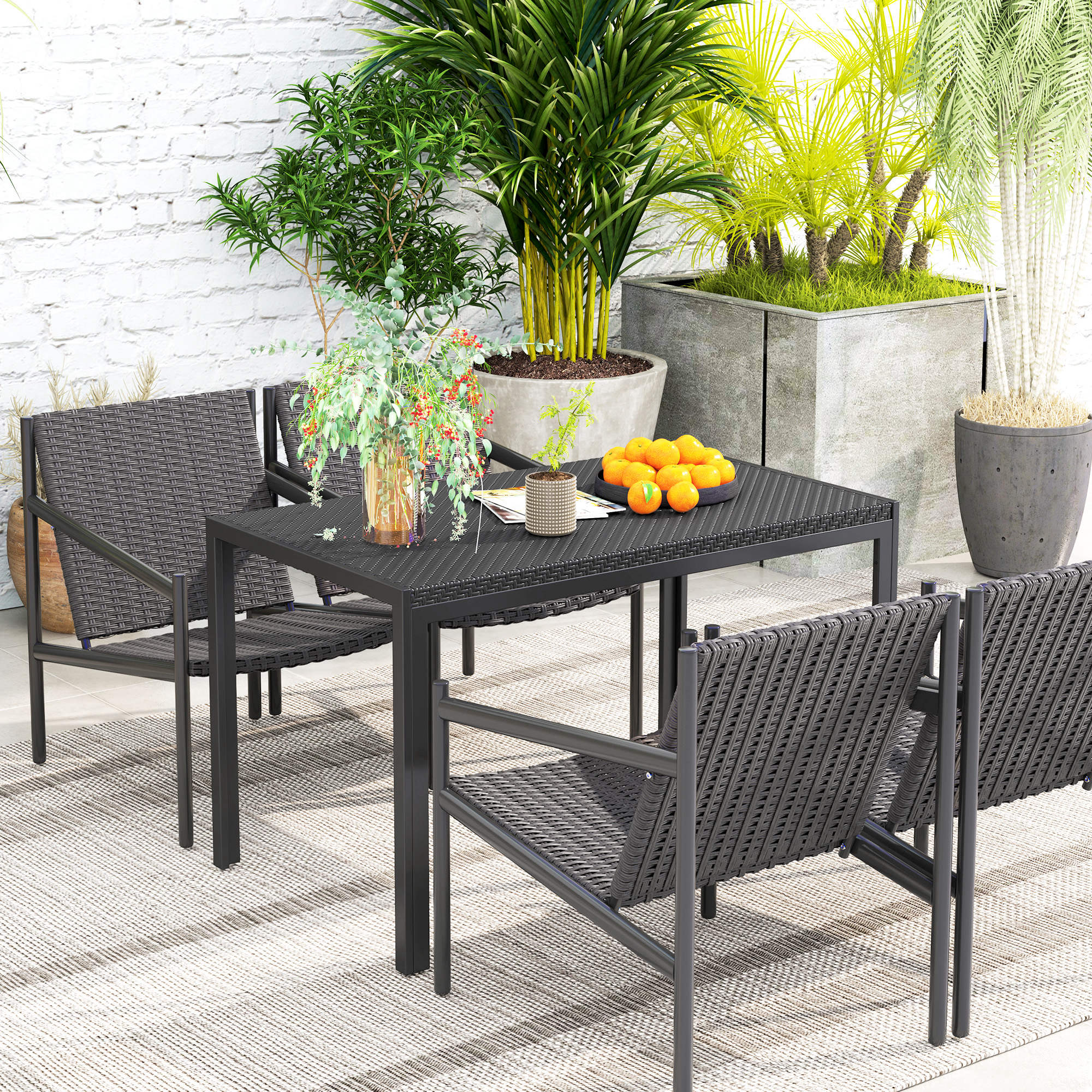 Rectangular Outdoor Dining Table, 4-Seat Patio Table with PE Rattan Wicker Tabletop for Backyard and Lawn, Black Patio Dinning Tables at Gallery Canada